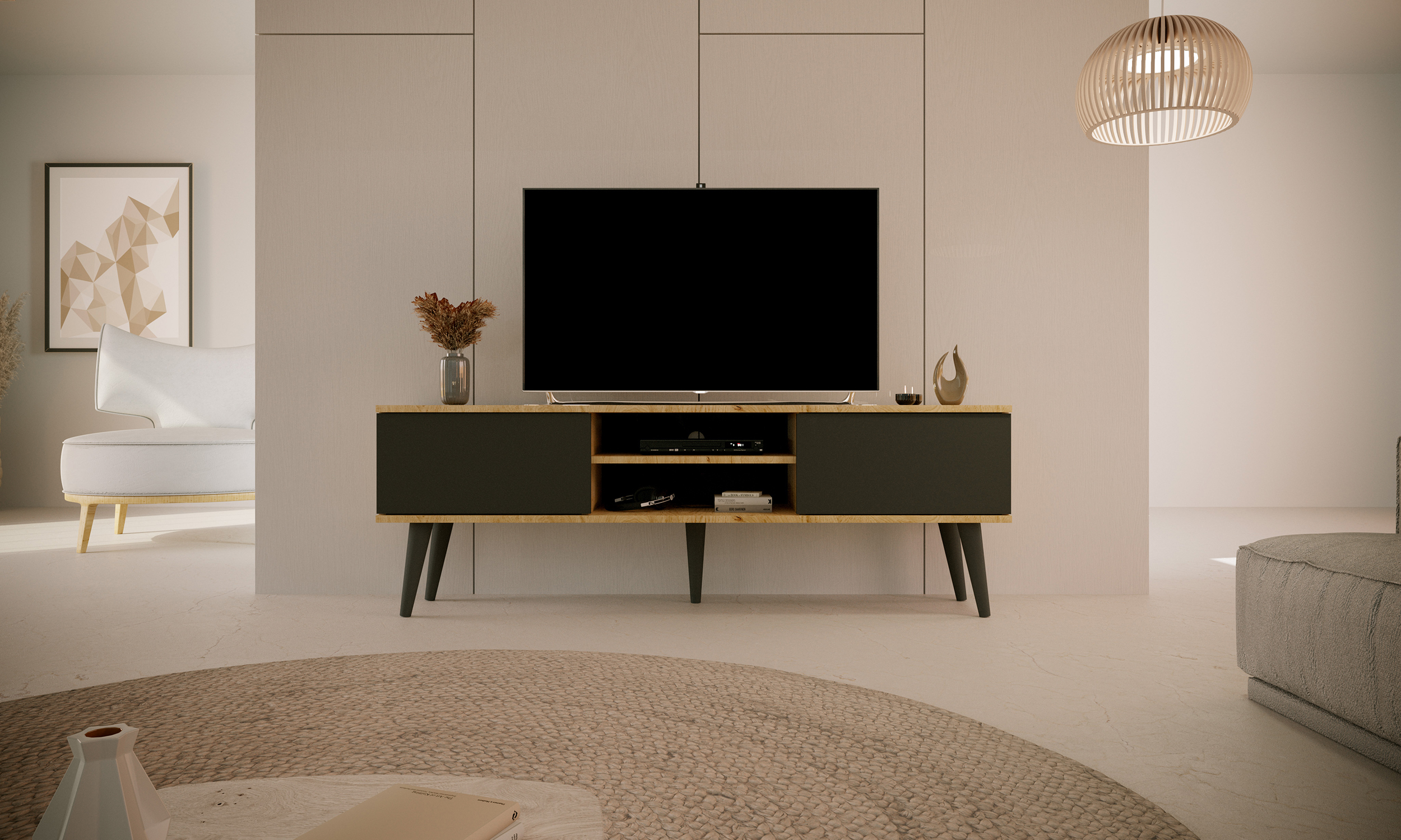 Meuble TV Damally 160 cm chêne artisanal/noir pieds noirs