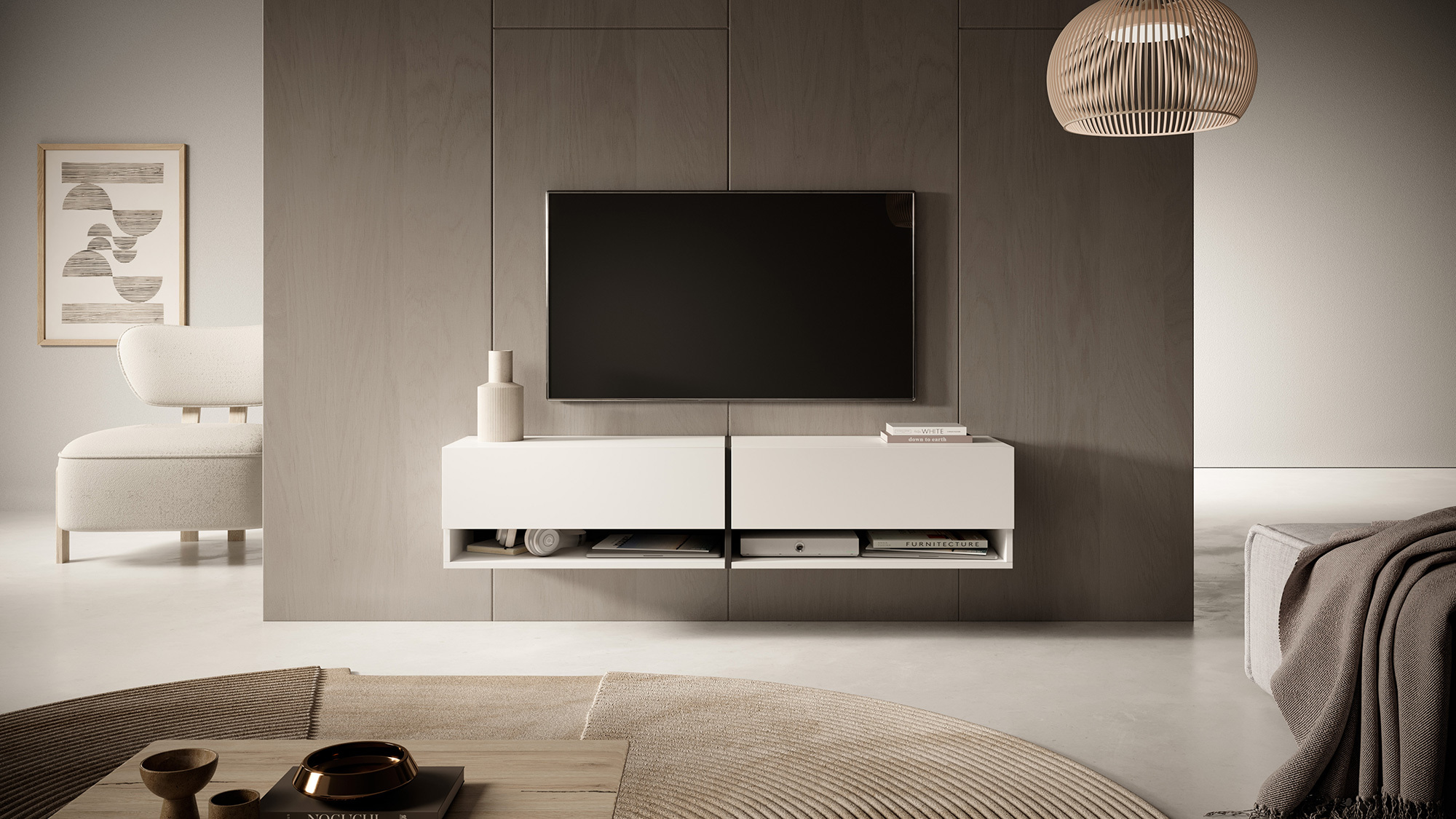 MIRRGO Meuble TV 140 cm blanc avec insert bleu marine