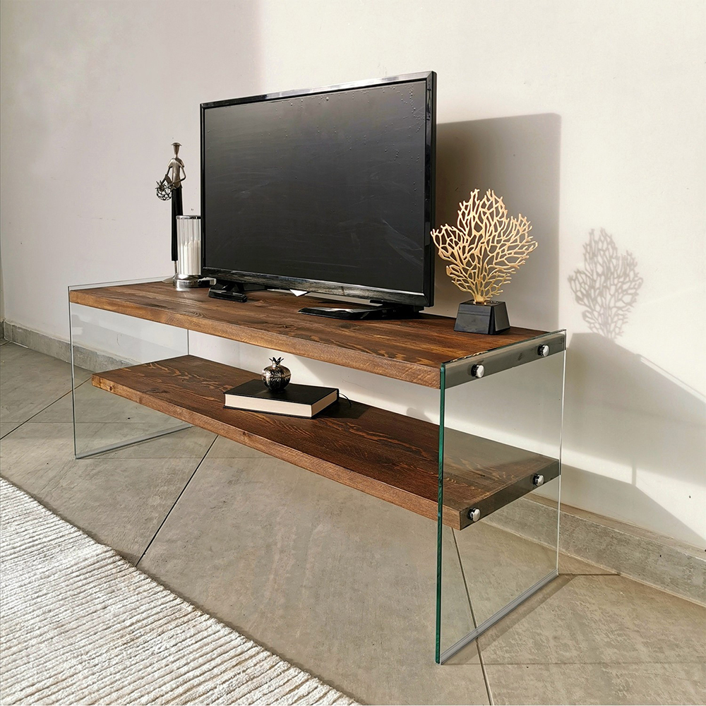 Meuble TV en verre Tevost avec étagères en bois, 120 cm