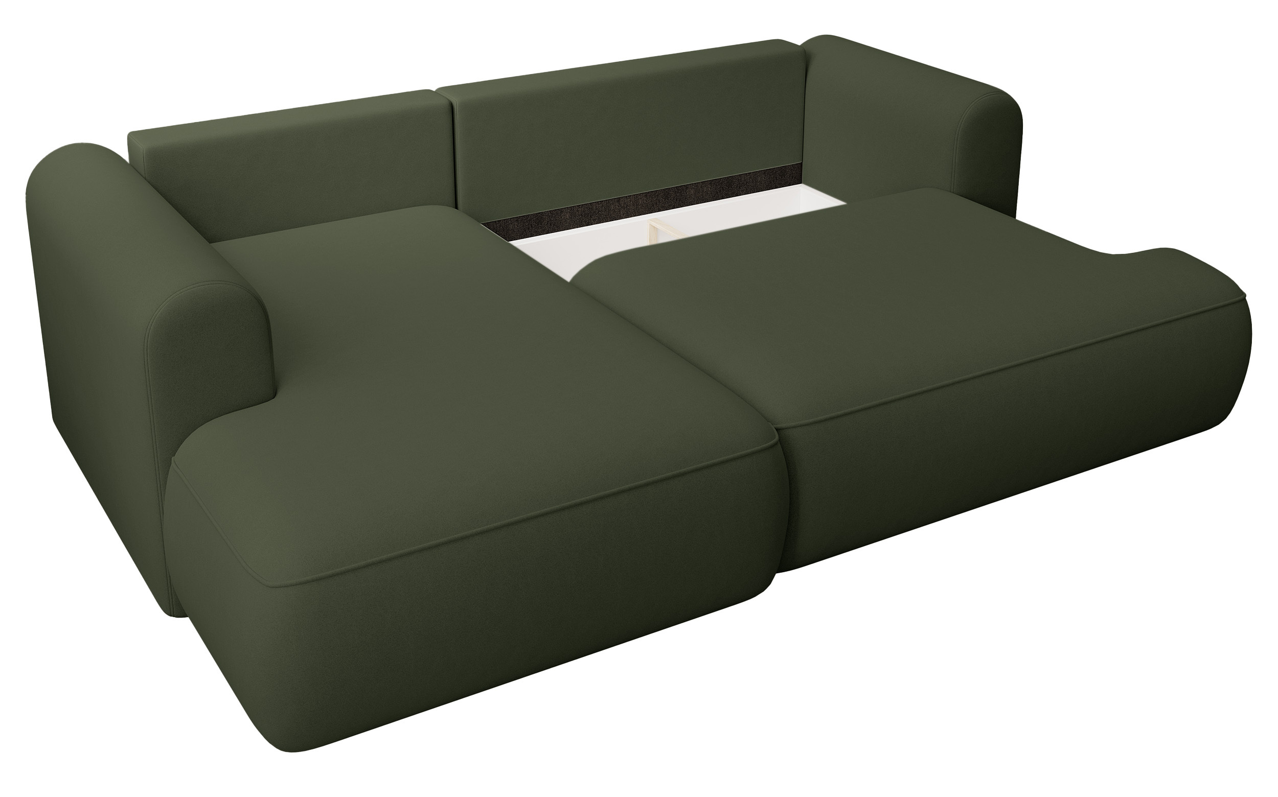 Oliwkowy narożnik Ovo mini L-kształtny z funkcją spania, idealny do nowoczesnego salonu.