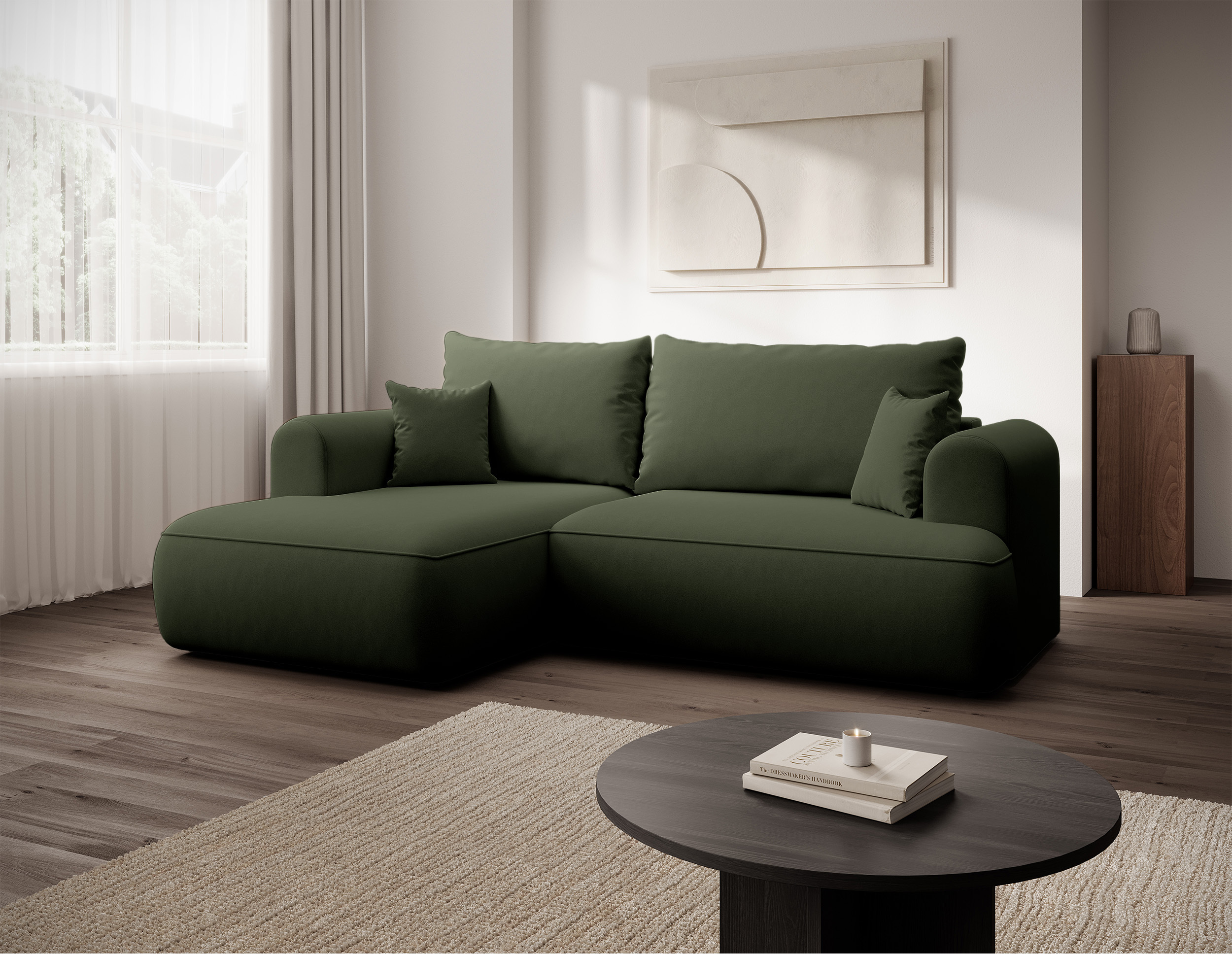 Oliwkowy narożnik Ovo mini L-kształtny z funkcją spania, idealny do nowoczesnego salonu.