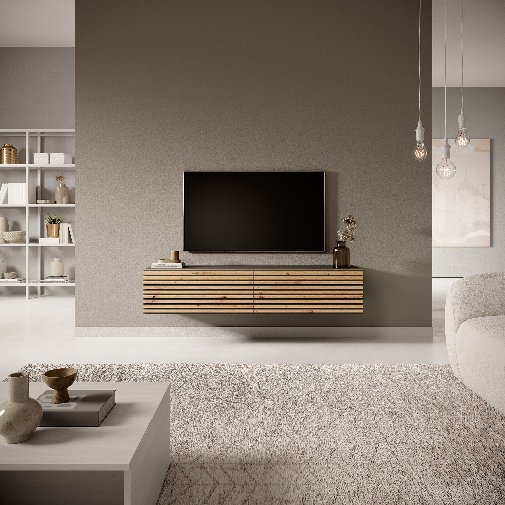 PAVAS Meuble TV 140 cm graphite avec façade à lamelles en chêne artisanal et inserts graphite