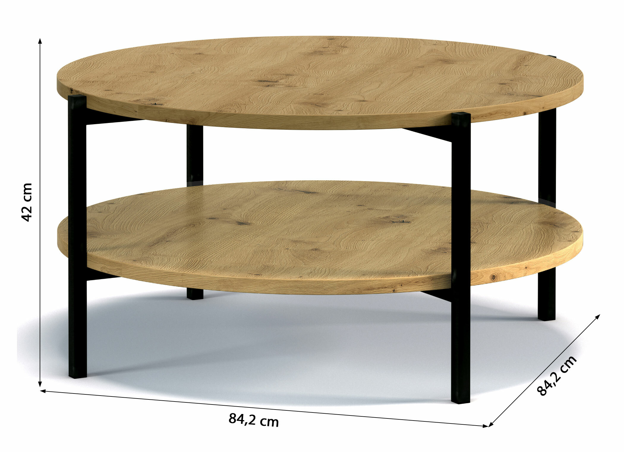 Table basse ronde Kortala 80 cm chêne artisanal avec étagère