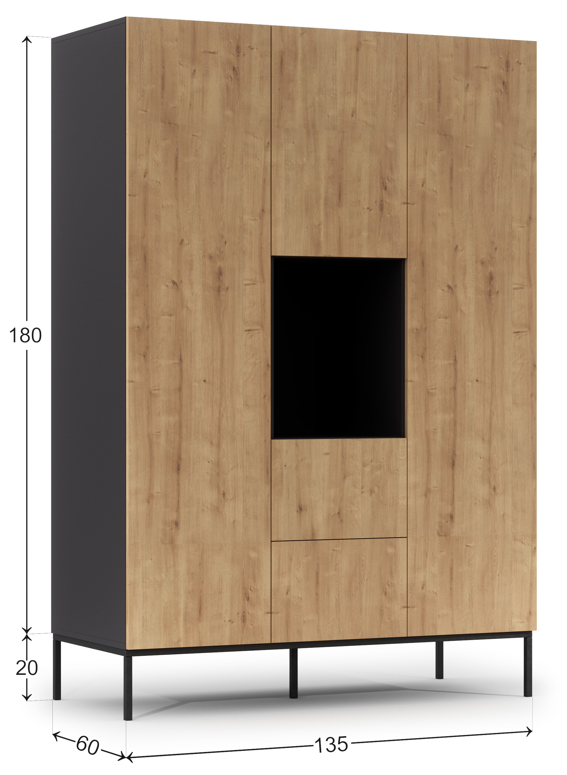  Armoire à trois portes Jammad 135 cm avec deux tiroirs, noir / chêne artisanal