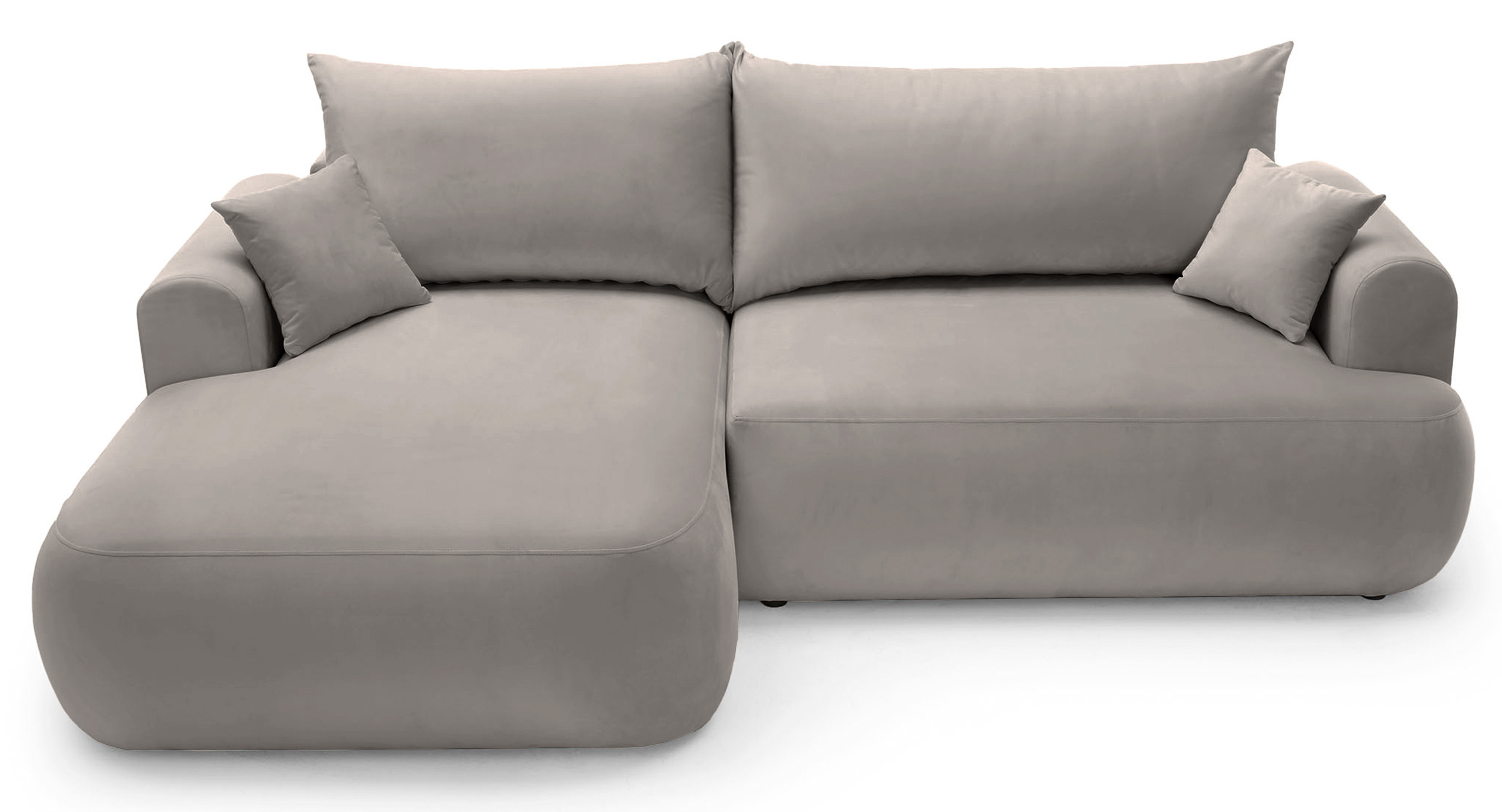 Jasnoszary narożnik Ovo lewostronny z funkcją spania i pojemnikiem na pościel.