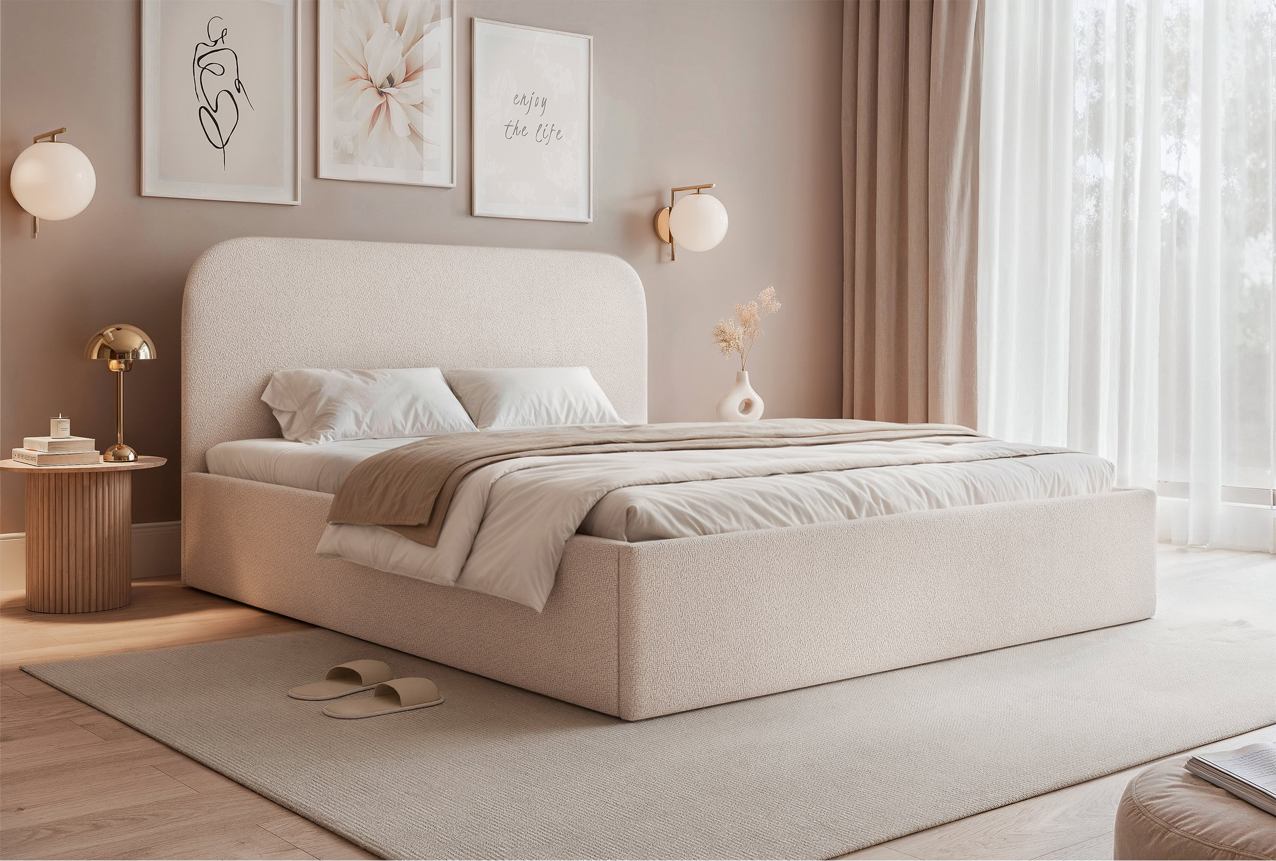 Łóżko tapicerowane 140x200 cm Sonvivo z pojemnikiem na pościel jasnobeżowe szenil stelaż metalowy