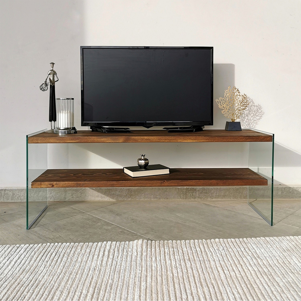 Meuble TV en verre Tevost avec étagères en bois, 120 cm