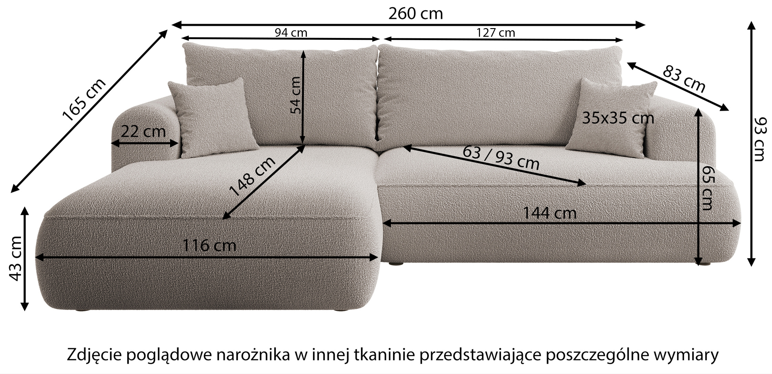 Jasnobeżowy narożnik Ovo lewostronny z funkcją spania i pojemnikiem na pościel.