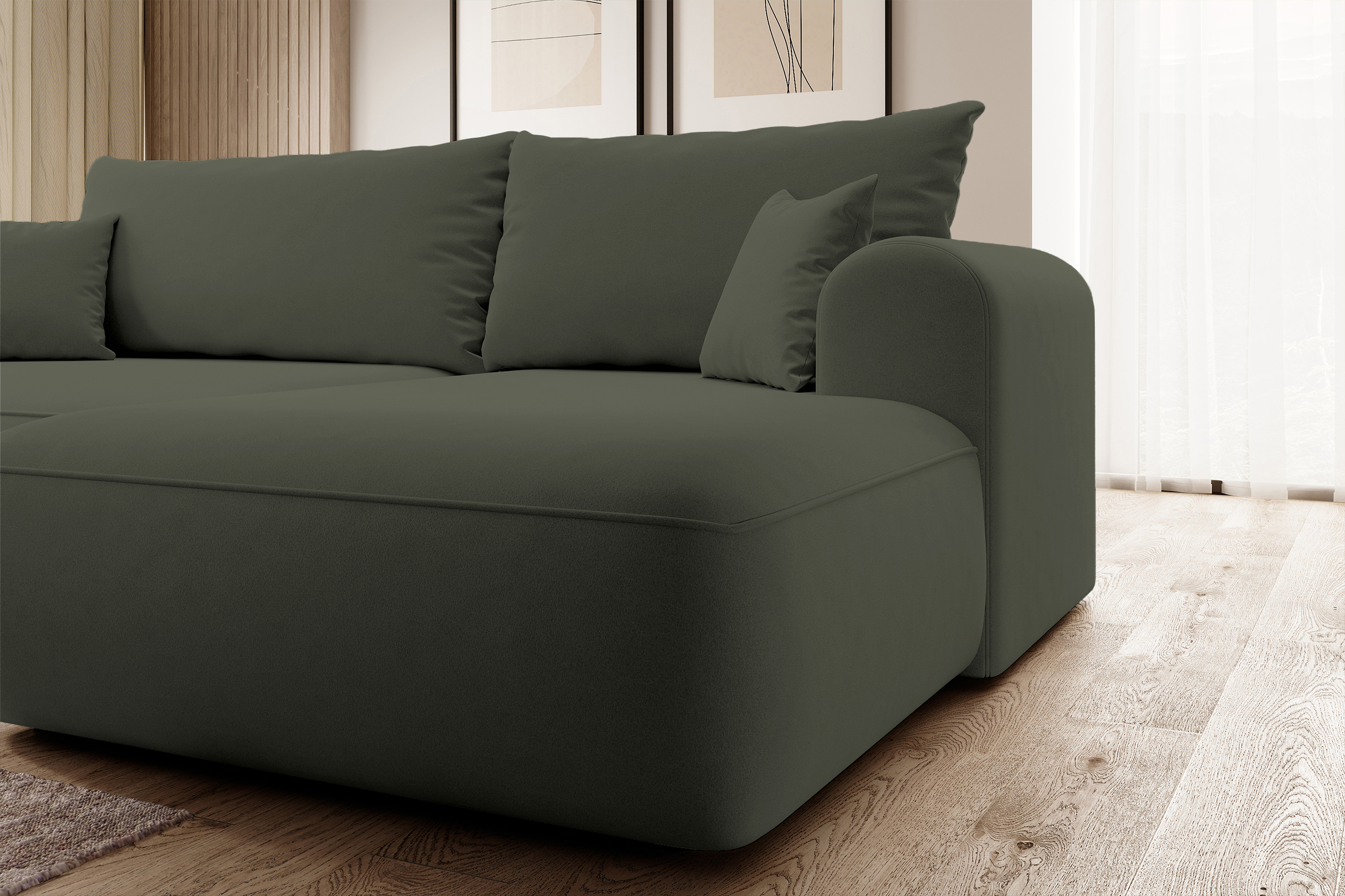 Canapé-lit d'angle Ovo en velours olive en forme de L avec un conteneur en tissu facile à nettoyer, côté droit