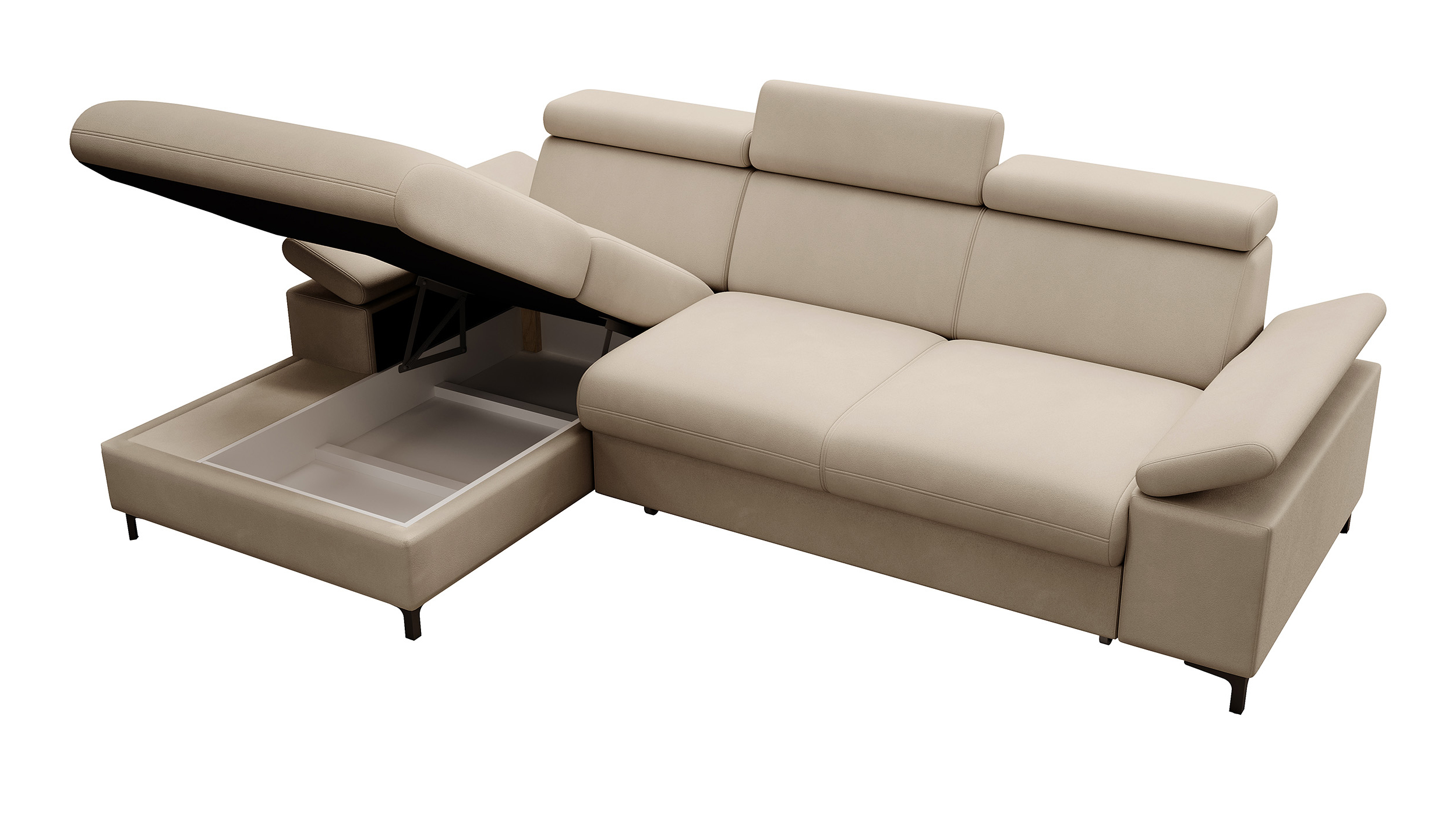 MILLEFOLIUM L-forme Canapé d'angle convertible avec fonction lit avec coffre de rangement velours hydrofuge beige gauche
