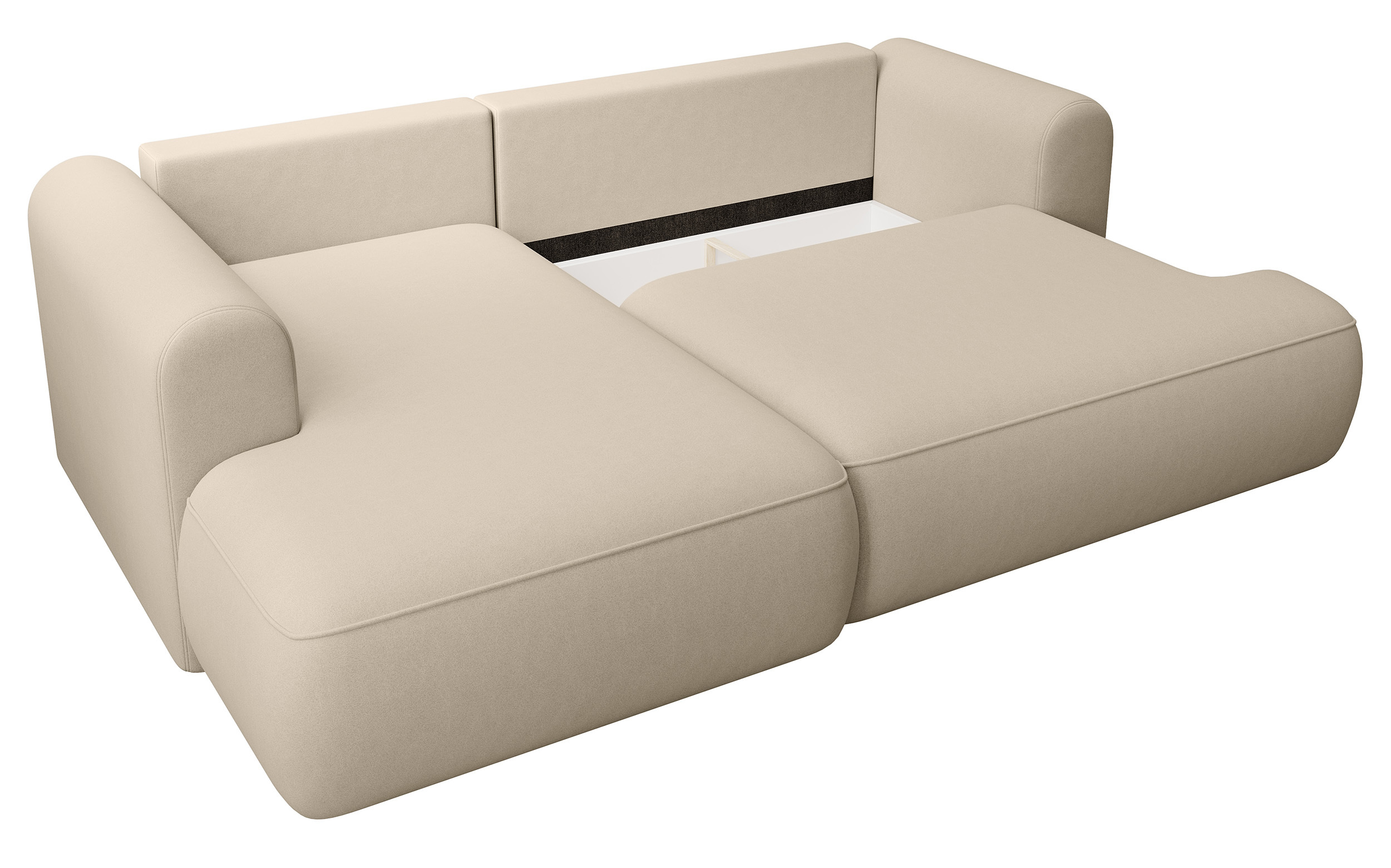 Jasnobeżowy narożnik Ovo mini L-kształtny z funkcją spania i pojemnikiem na pościel.