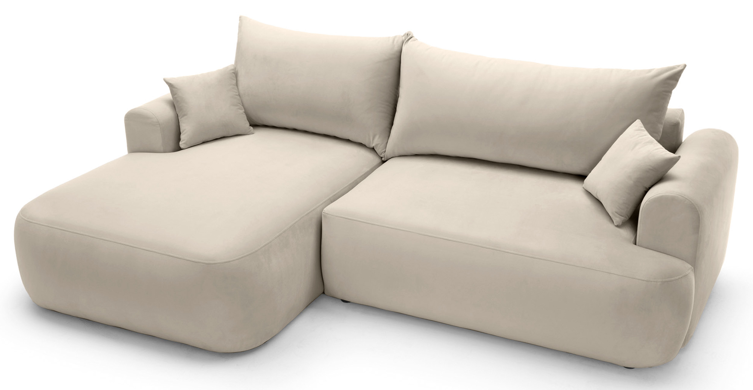 Jasnobeżowy narożnik Ovo L-kształtny z funkcją spania i pojemnikiem na pościel, idealny do salonu.