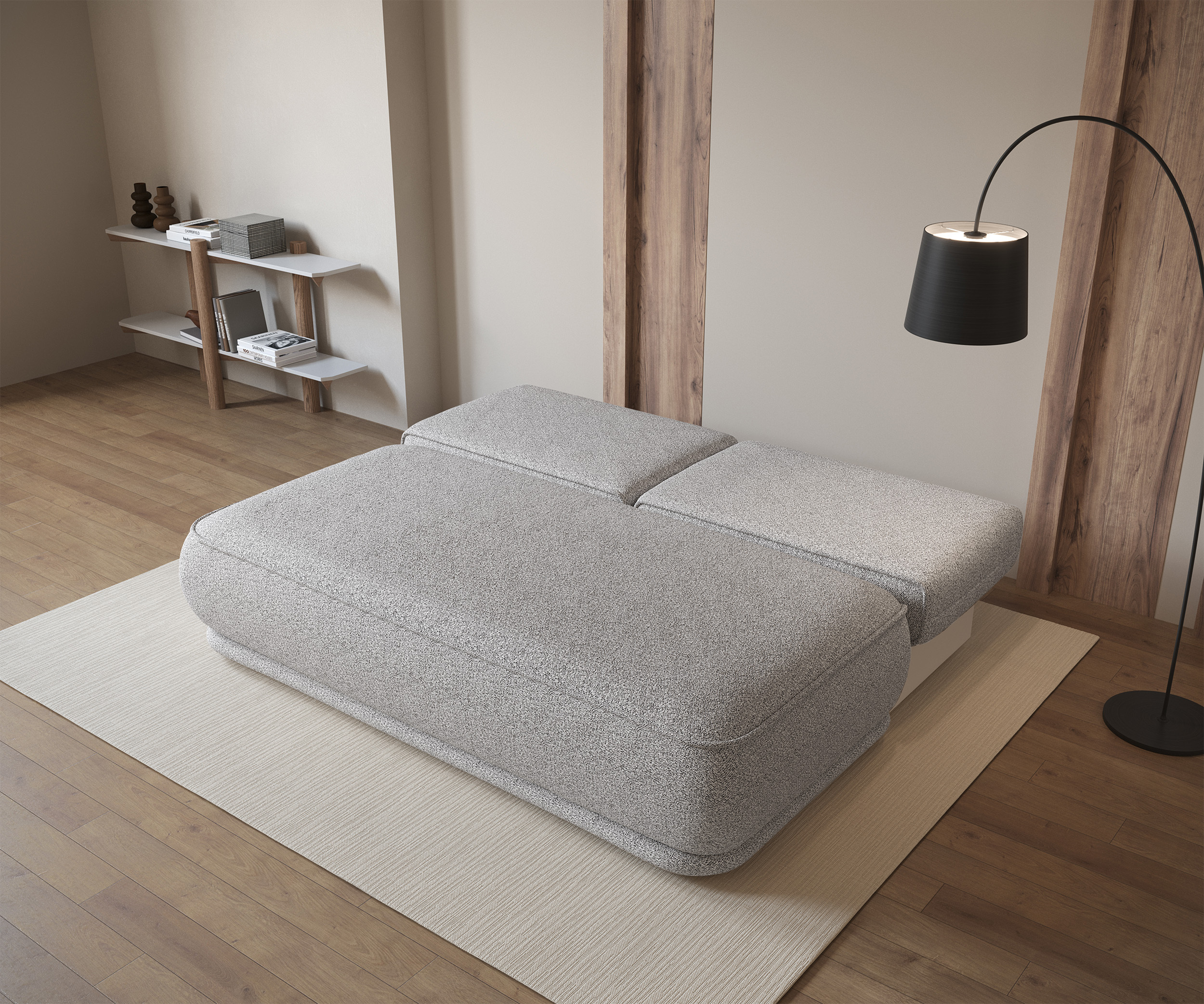 Kanapa rozkładana trzyosobowa Leanno z pojemnikiem jasnoszara boucle