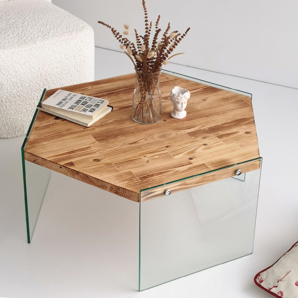 Table basse Heink 70x80 cm, en bois, sur socle en verre, noyer