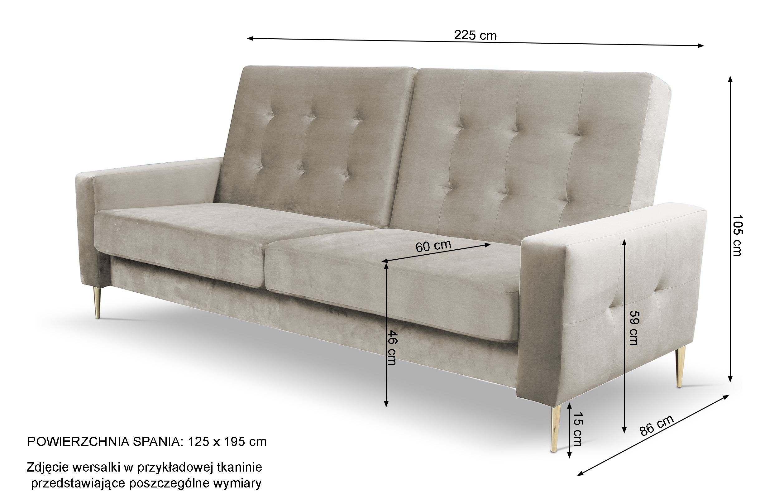 Komplet wypoczynkowy Santi sofa i dwa fotele jasnobeżowy w tkaninie hydrofobowej nogi złote
