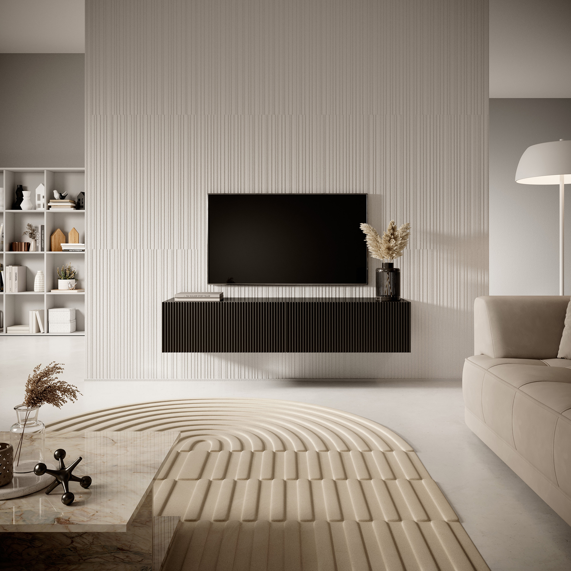 VELDIO Meuble TV 140 cm noir avec façade fraisée