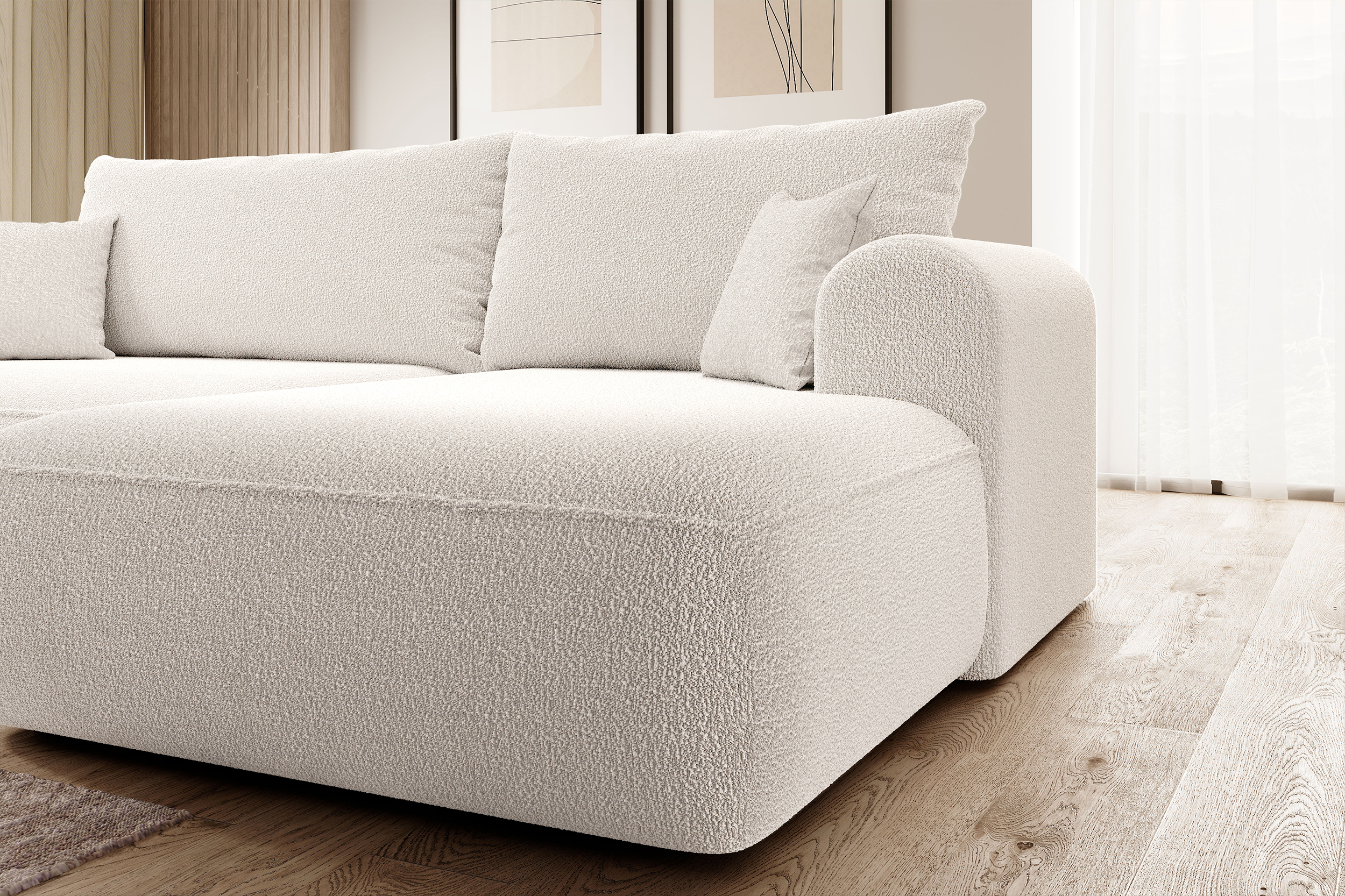 Canapé-lit d'angle Ovo crème en forme de L avec un conteneur de boucle à droite