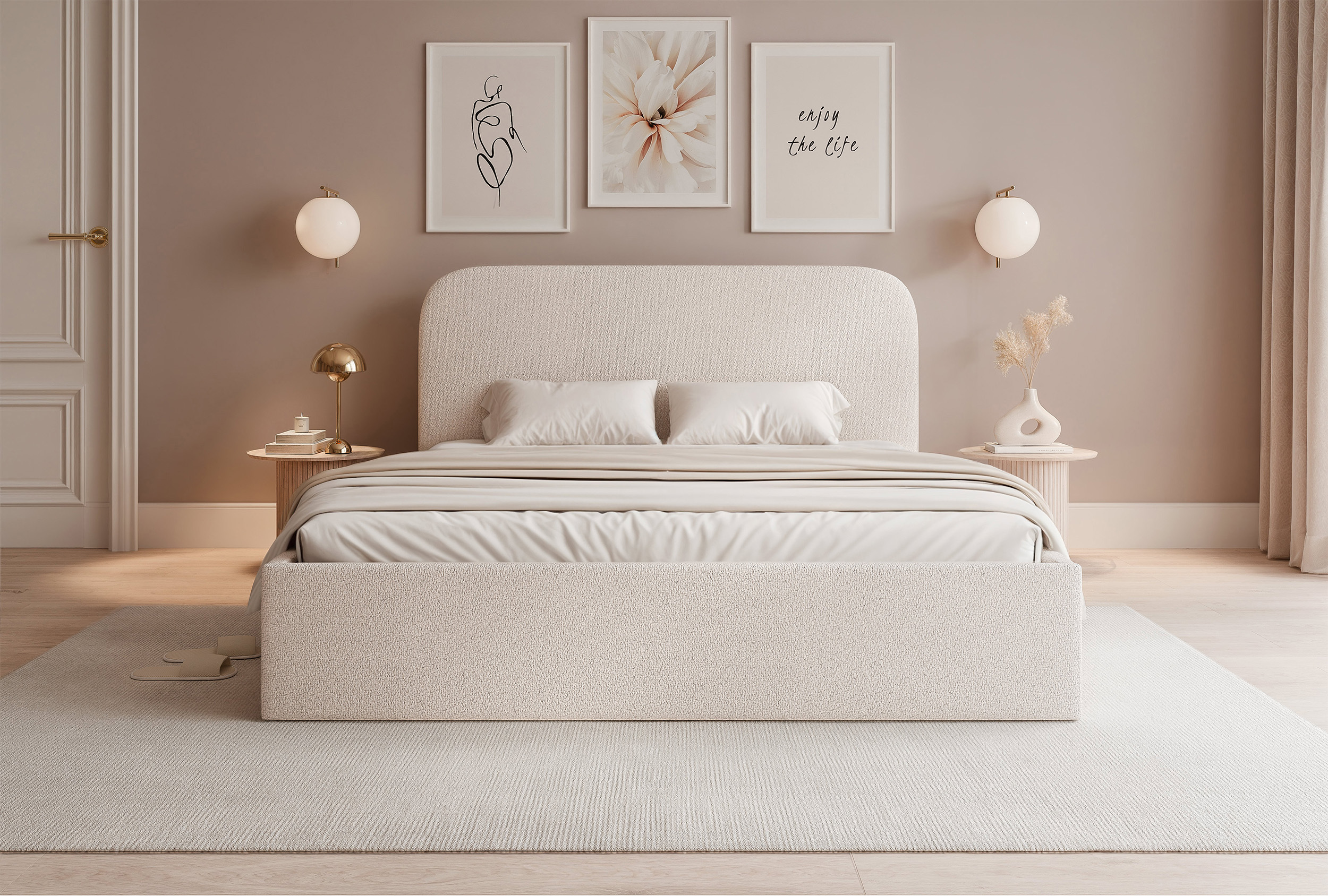 Łóżko tapicerowane 140x200 cm Sonvivo z pojemnikiem na pościel jasnobeżowe szenil stelaż metalowy