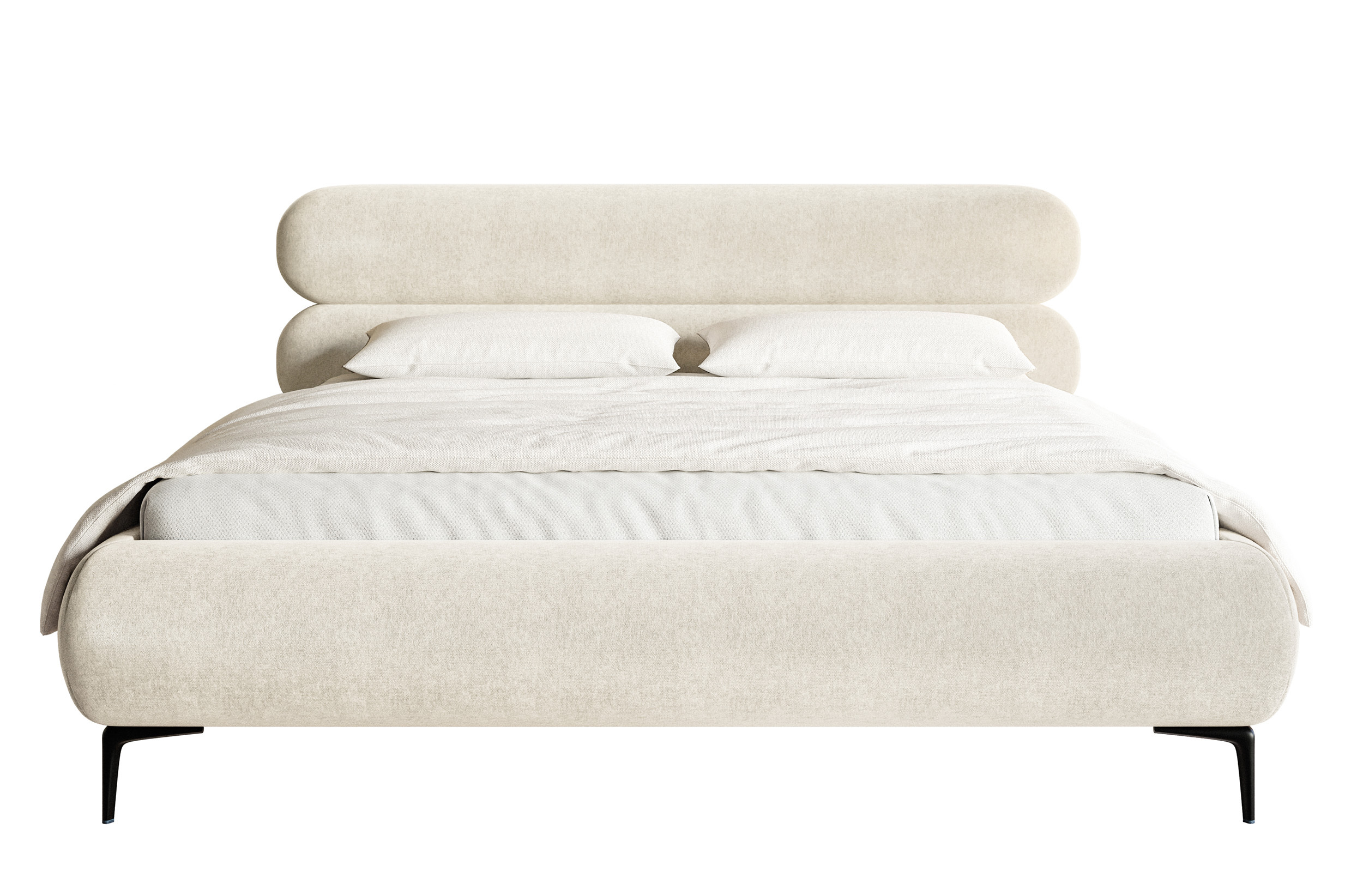 Łóżko tapicerowane 180x200 cm Roule z pojemnikiem stelaż metalowy kremowe welur hydrofobowy nóżki czarne
