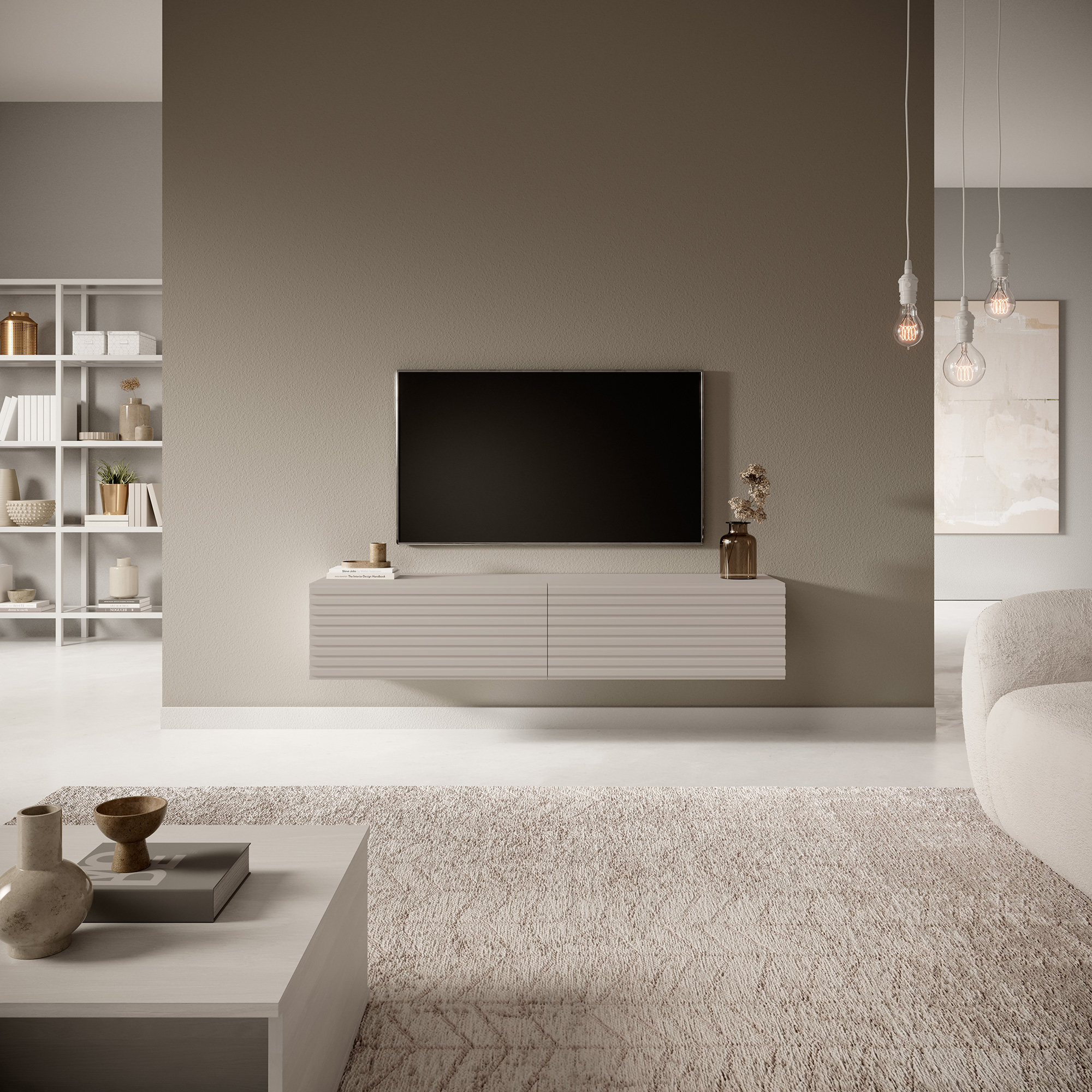 Meuble TV Pavas grey-beige avec façade lamellaire 140 cm