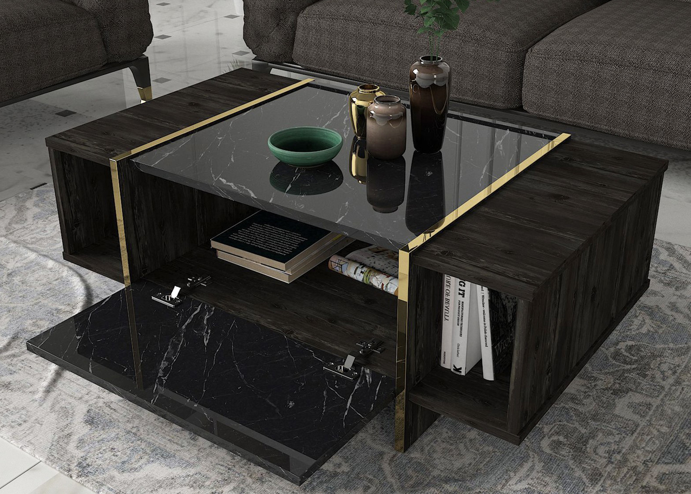NETILY Table basse moderne noir / or 104x60 cm