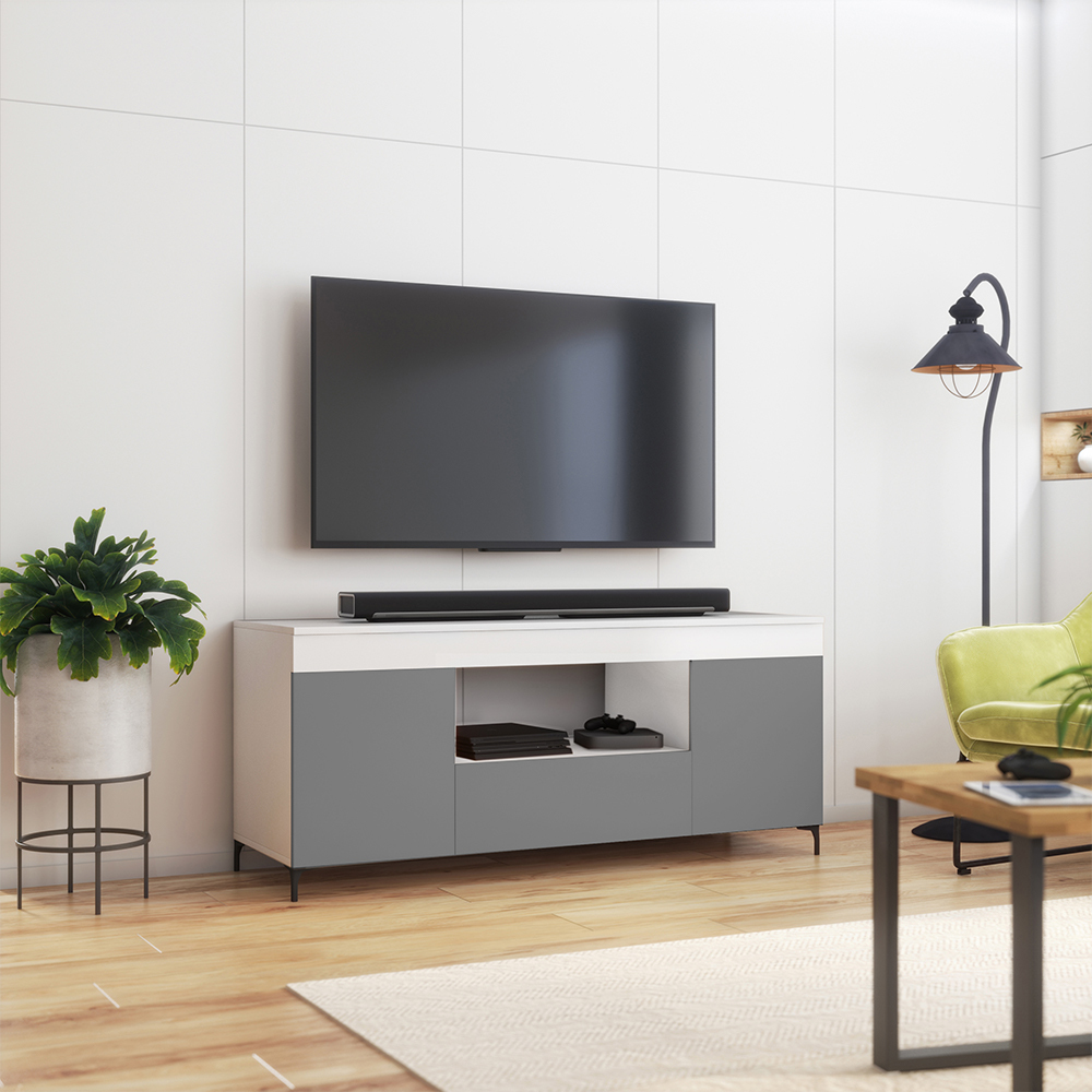GUSTO Meuble TV avec LED contemporain Blanc mat / Gris mat