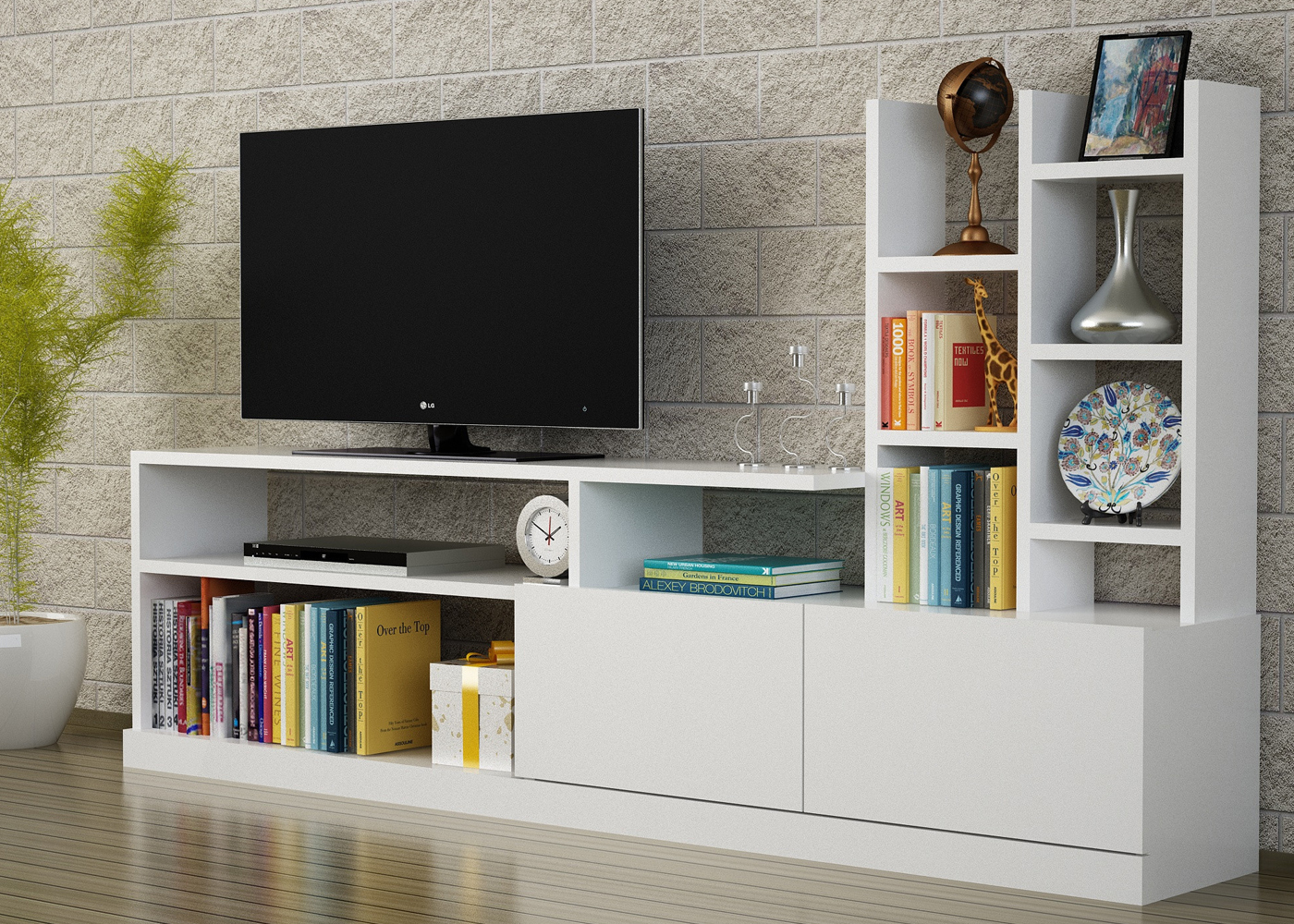 Meuble TV Dollen avec plateau 165 cm, blanc