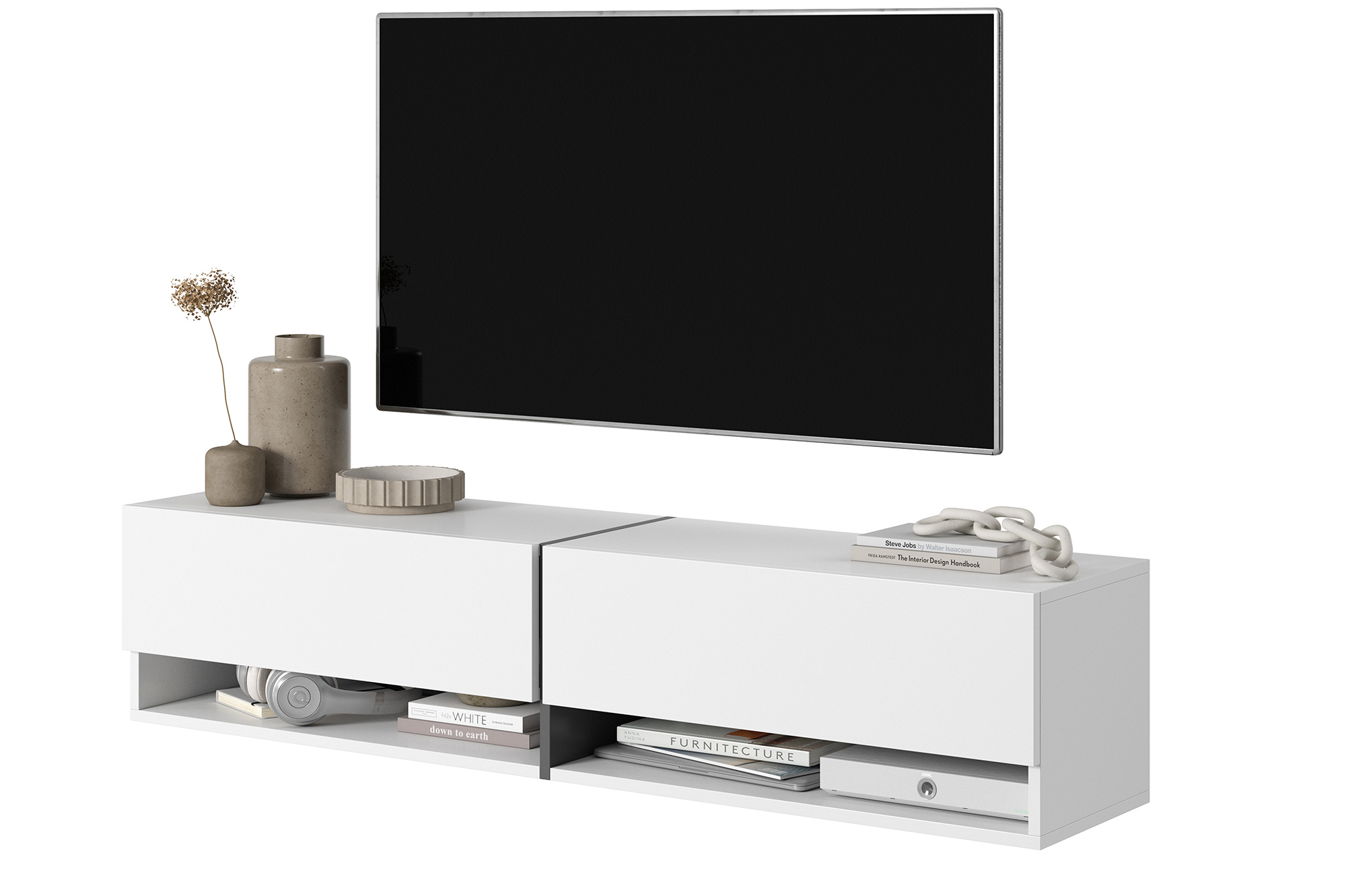 MIRRGO Meuble TV 140 cm blanc avec insert bleu marine