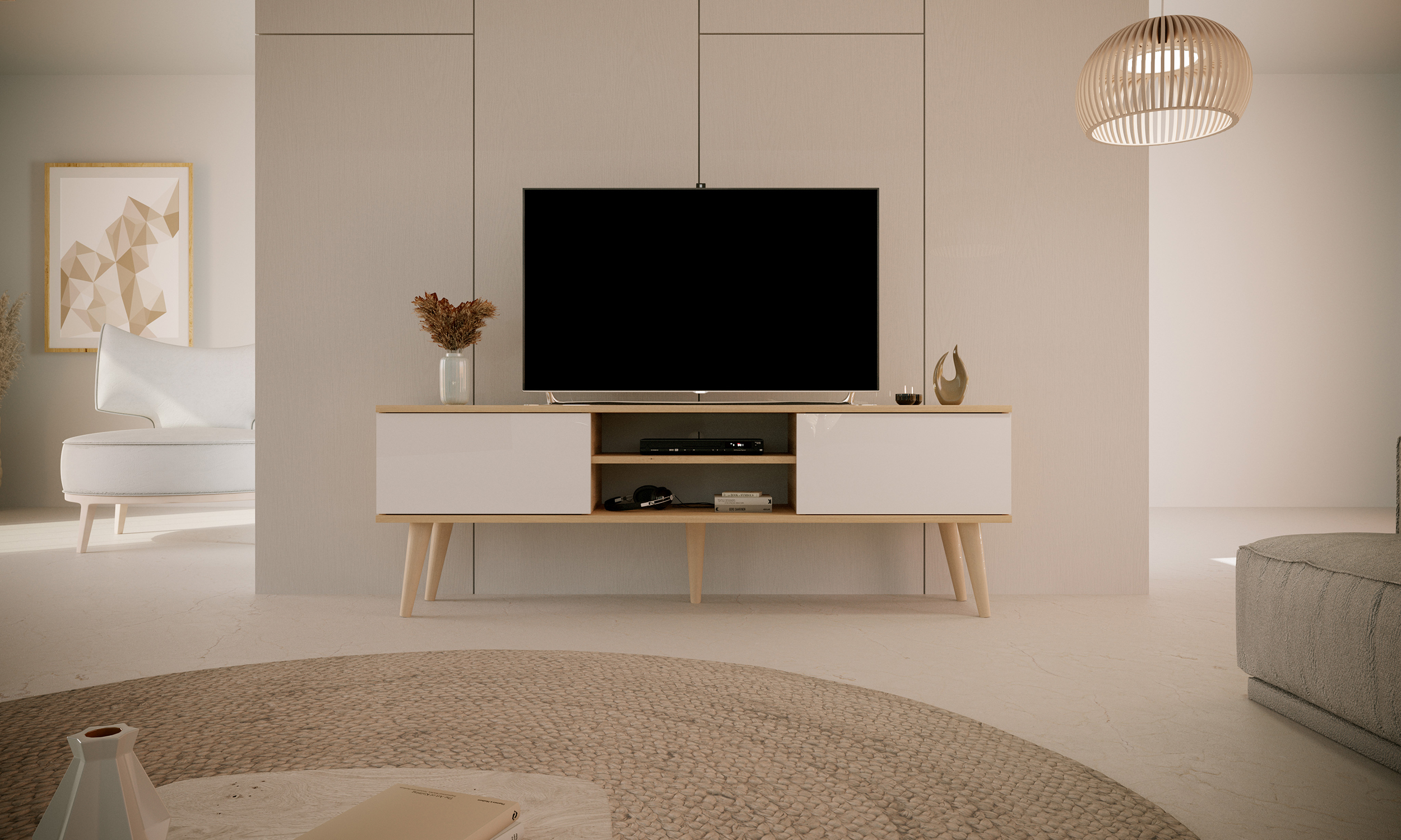 Meuble TV Damally 160 cm chêne artisanal/blanc