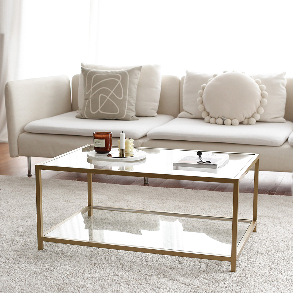 Table basse en verre avec étagère Asster, or, 60 x 90 cm