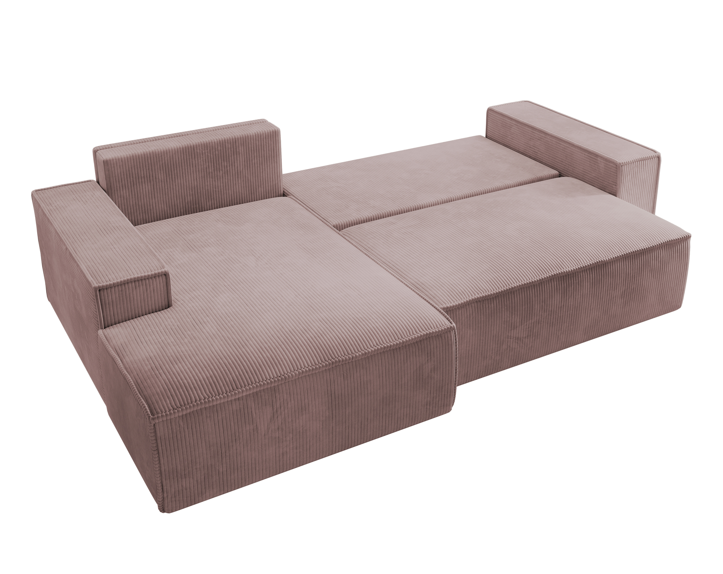 Canapé d'angle Farese New en forme de L avec un récipient en velours côtelé rose à gauche