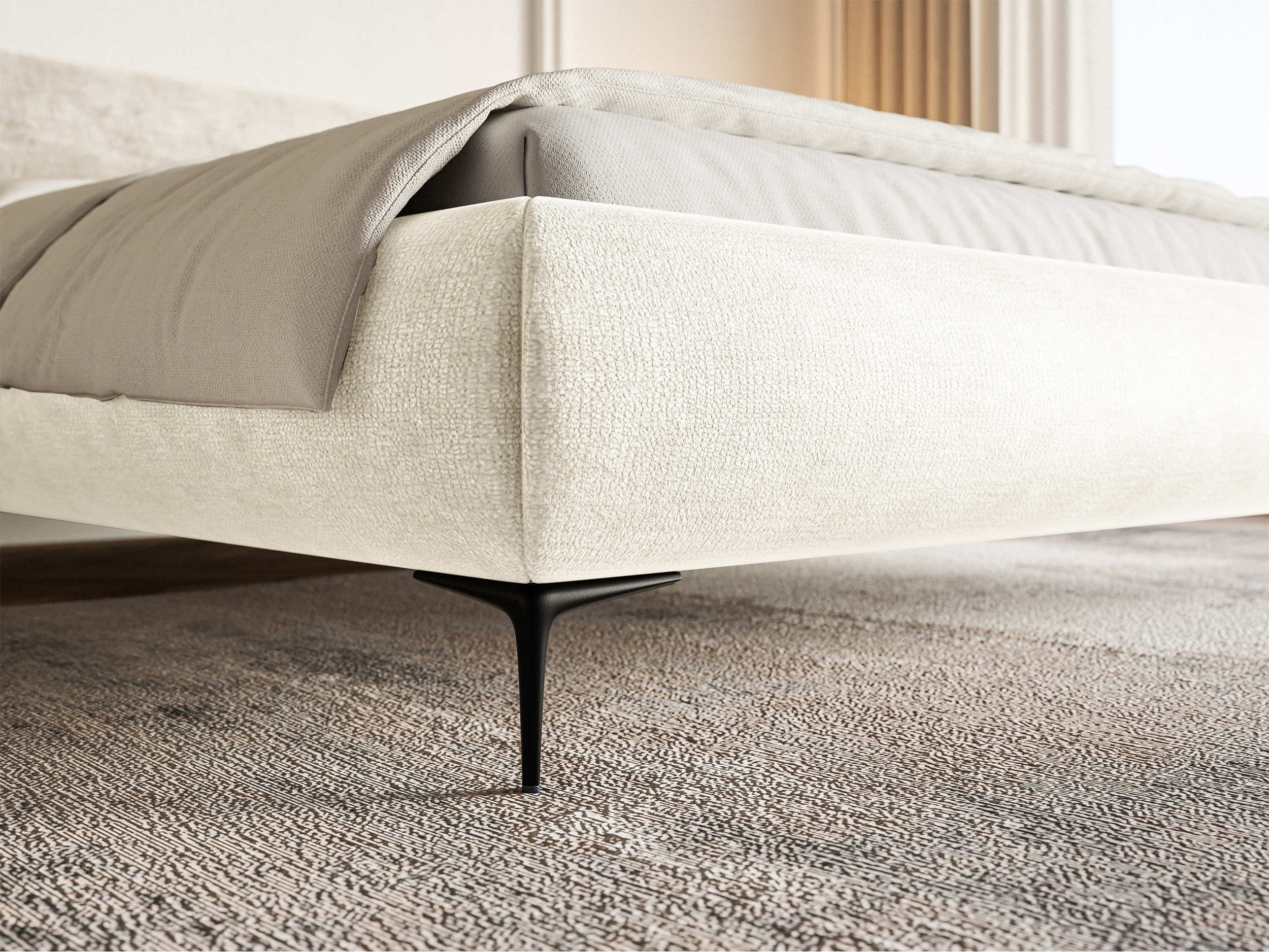 Łóżko tapicerowane 180x200 cm Roule z pojemnikiem stelaż metalowy kremowe szenil nóżki czarne