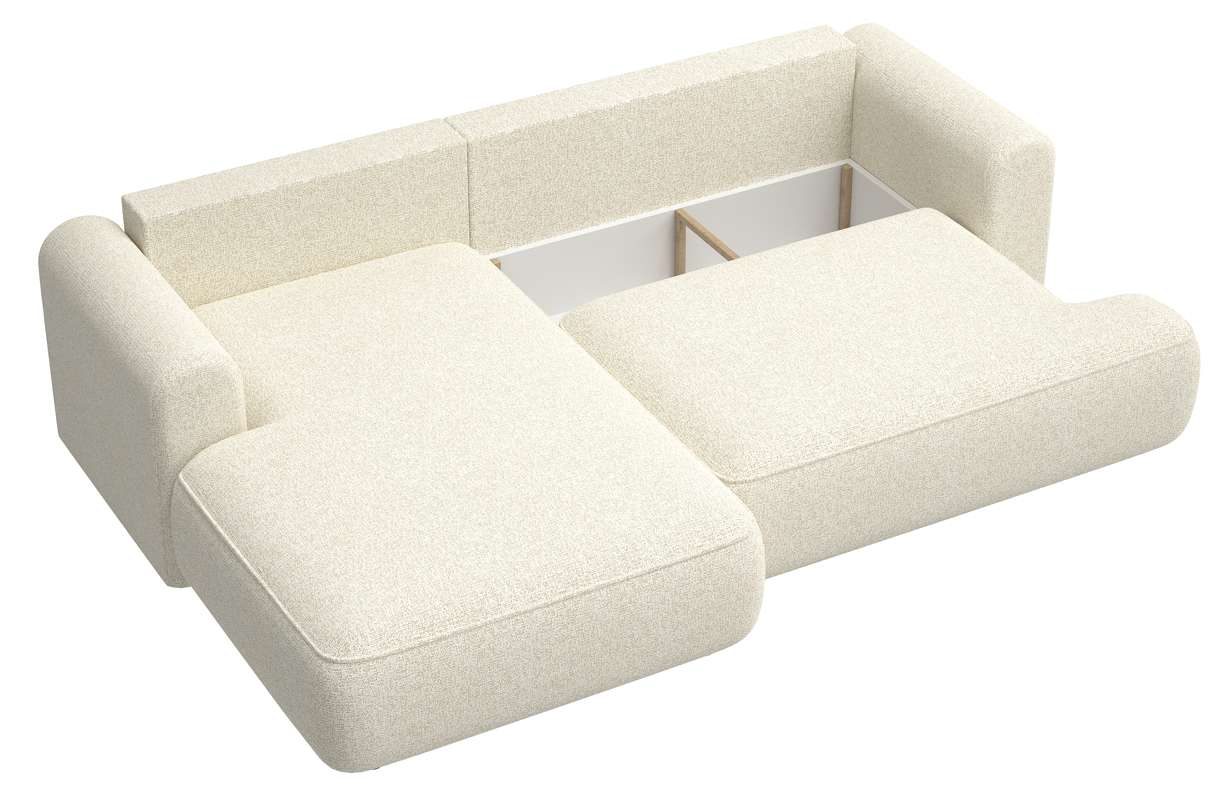 Jasnobeżowy narożnik Ovo lewostronny z funkcją spania i pojemnikiem na pościel.