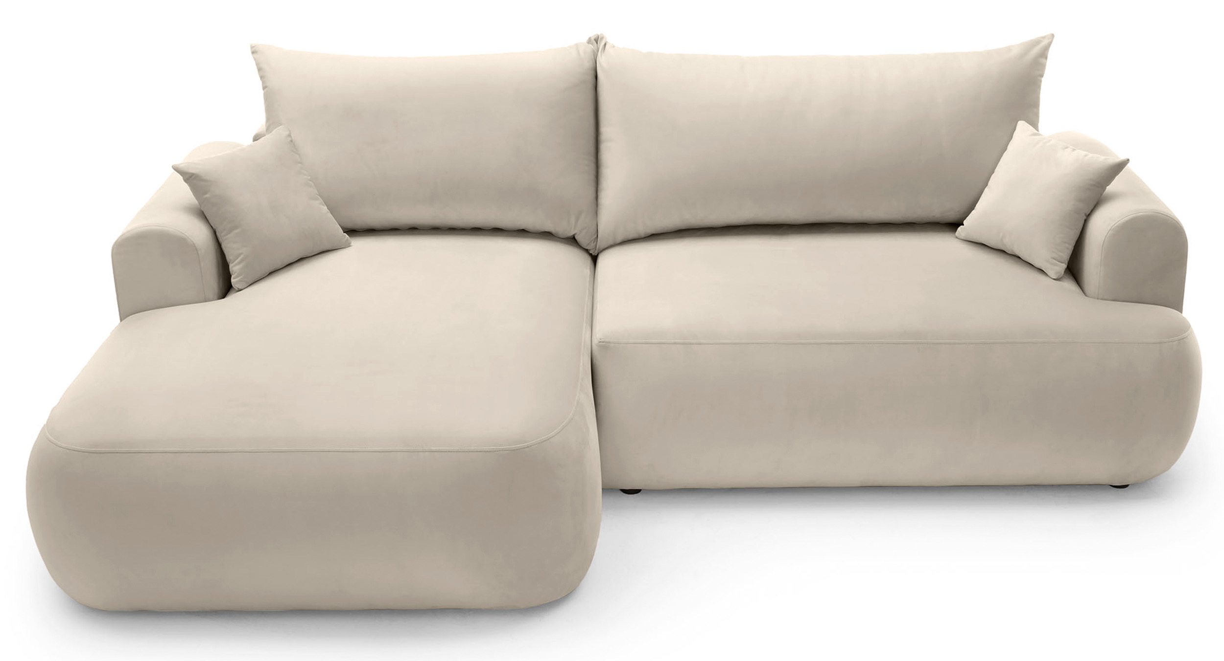 Jasnobeżowy narożnik Ovo L-kształtny z funkcją spania i pojemnikiem na pościel, idealny do salonu.