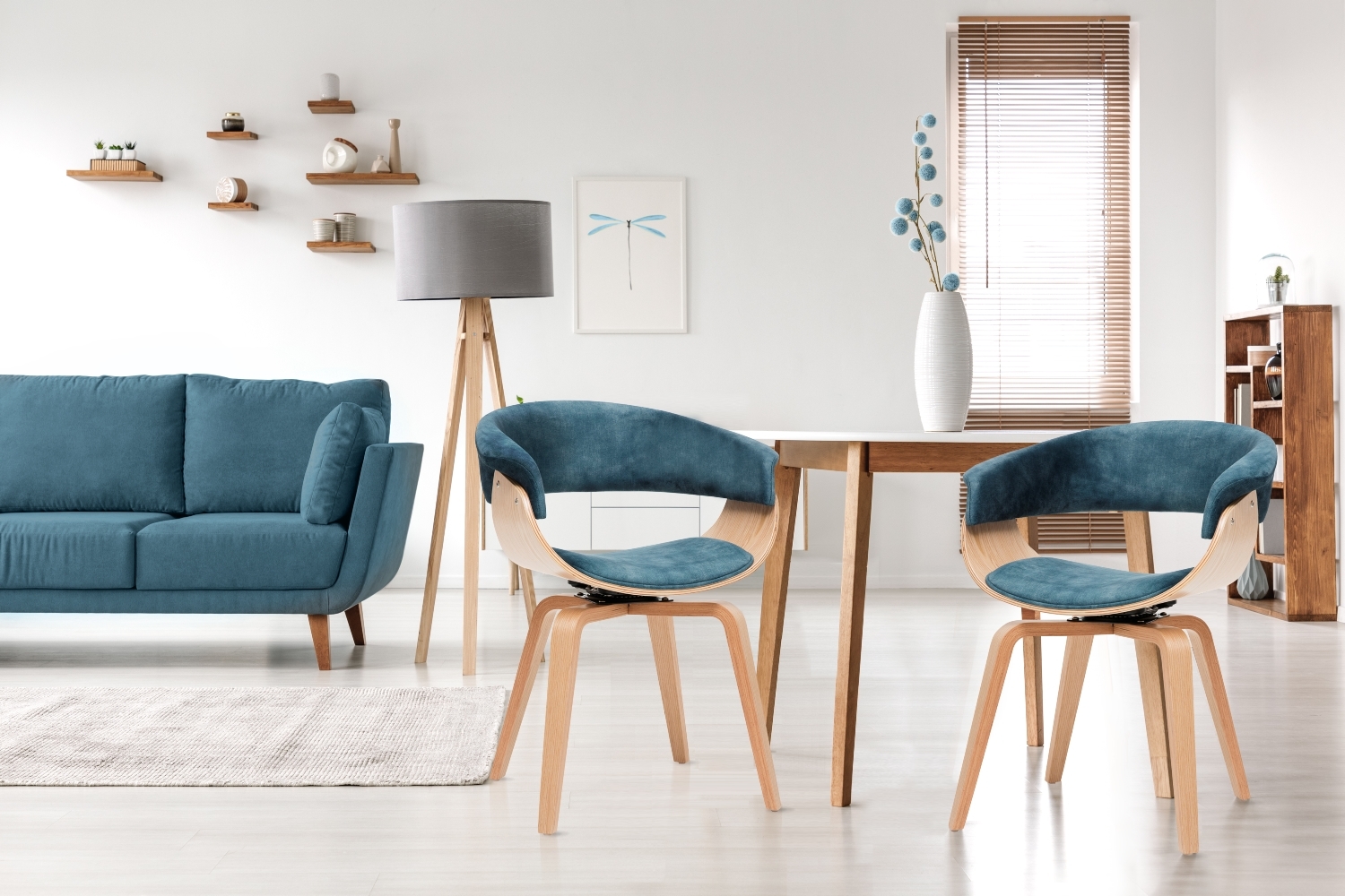 ASARLO Chaise design velours bleu / bois d'érable