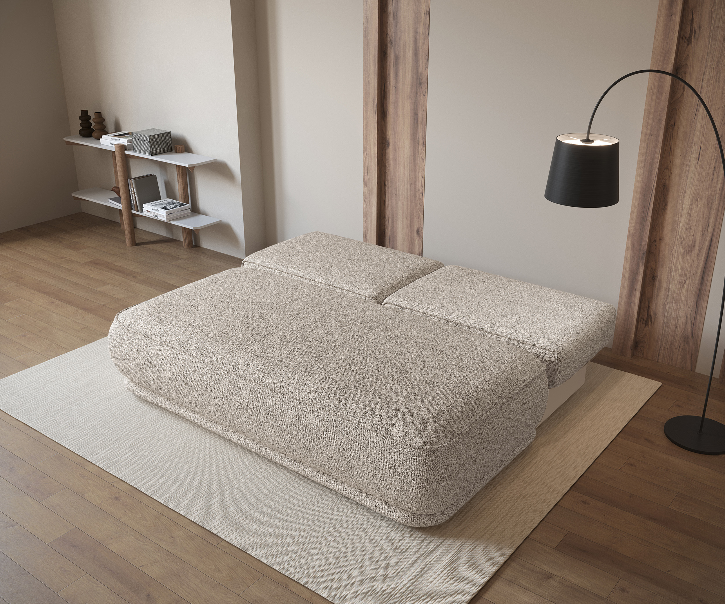 Kanapa rozkładana trzyosobowa Leanno z pojemnikiem beżowa boucle