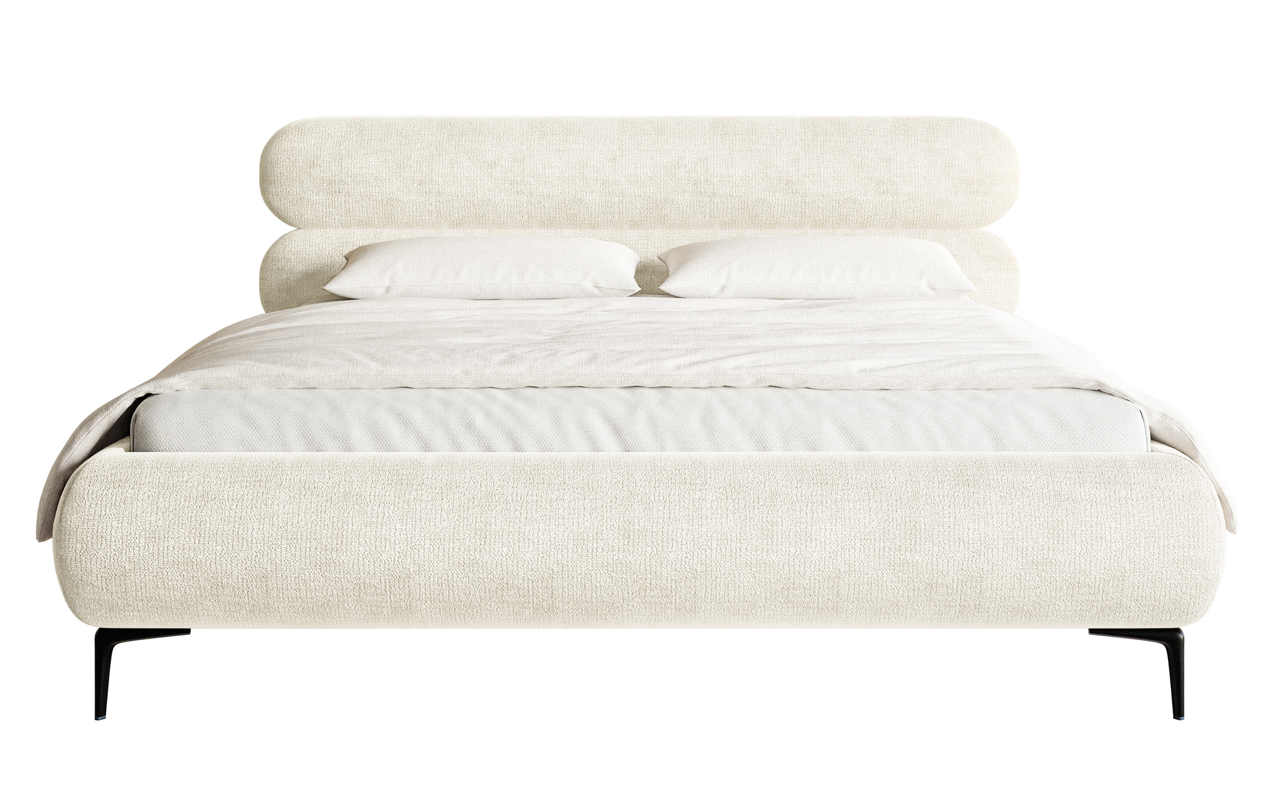 Łóżko tapicerowane 180x200 cm Roule z pojemnikiem stelaż metalowy kremowe szenil nóżki czarne