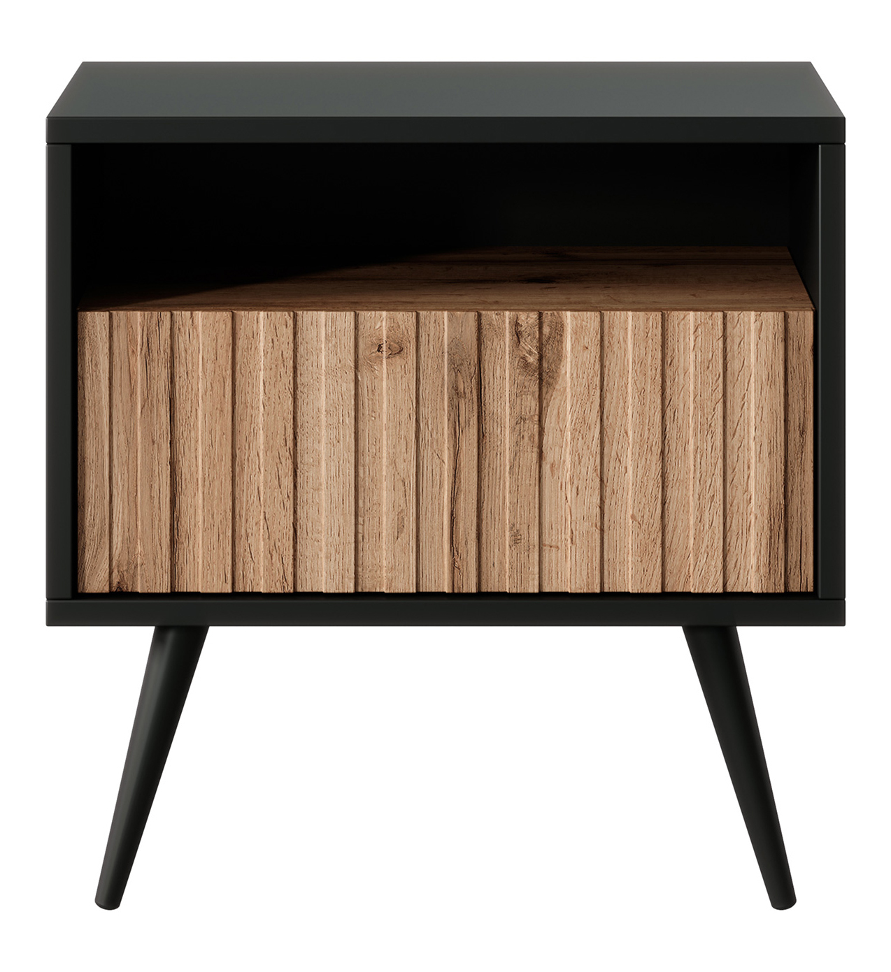 Table de chevet Bello avec un tiroir à façade à lamelles, noir / chêne wotan