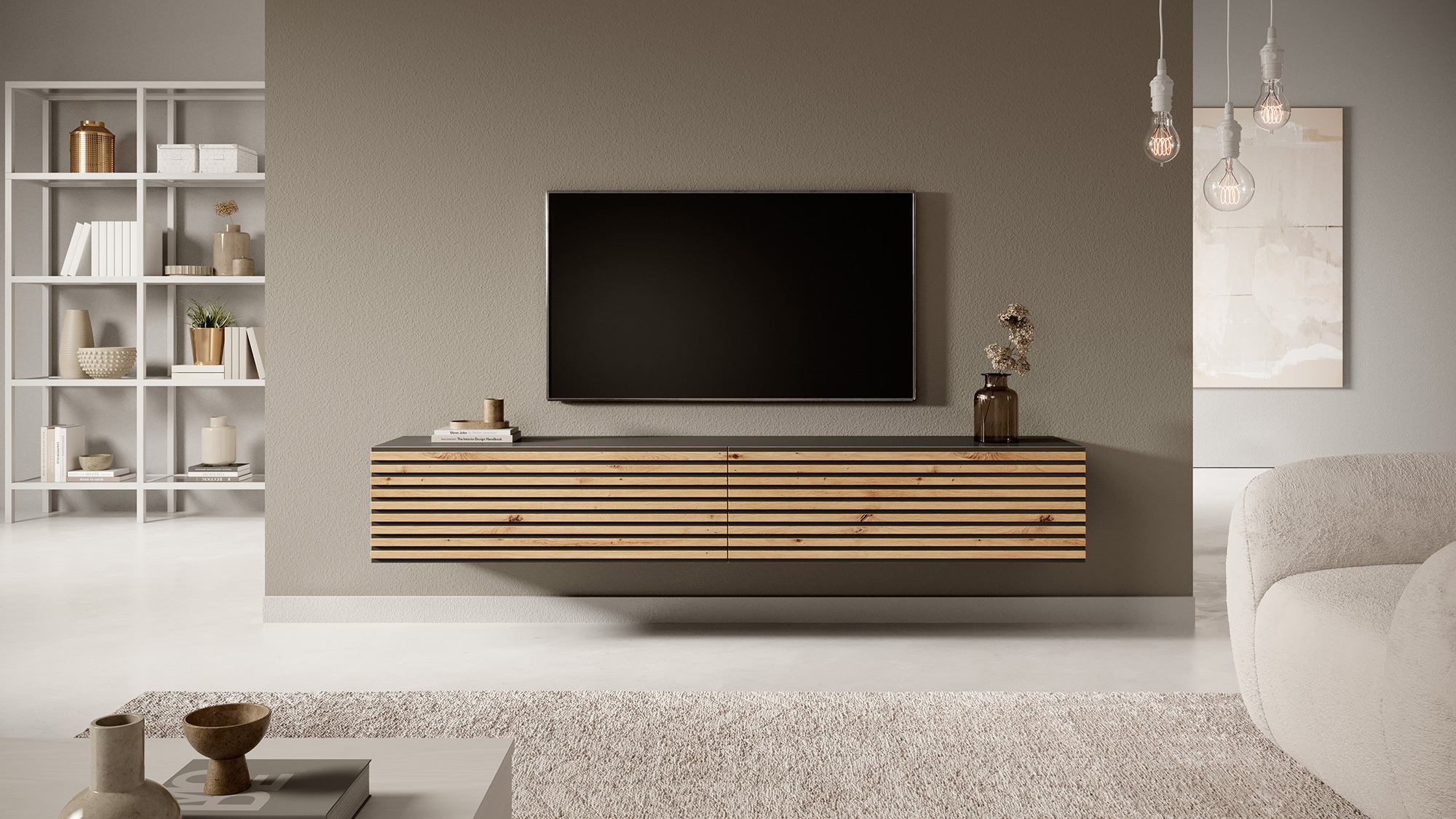 PAVAS Meuble TV 175 cm graphite avec façade à lamelles en chêne artisanal et inserts graphite