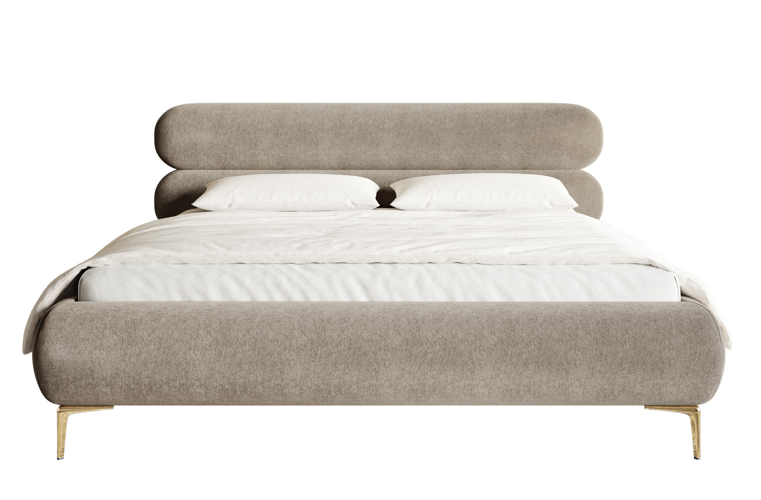 Łóżko tapicerowane 140x200 cm Roule z pojemnikiem stelaż metalowy szarobeżowe welur hydrofobowy nóżki złote