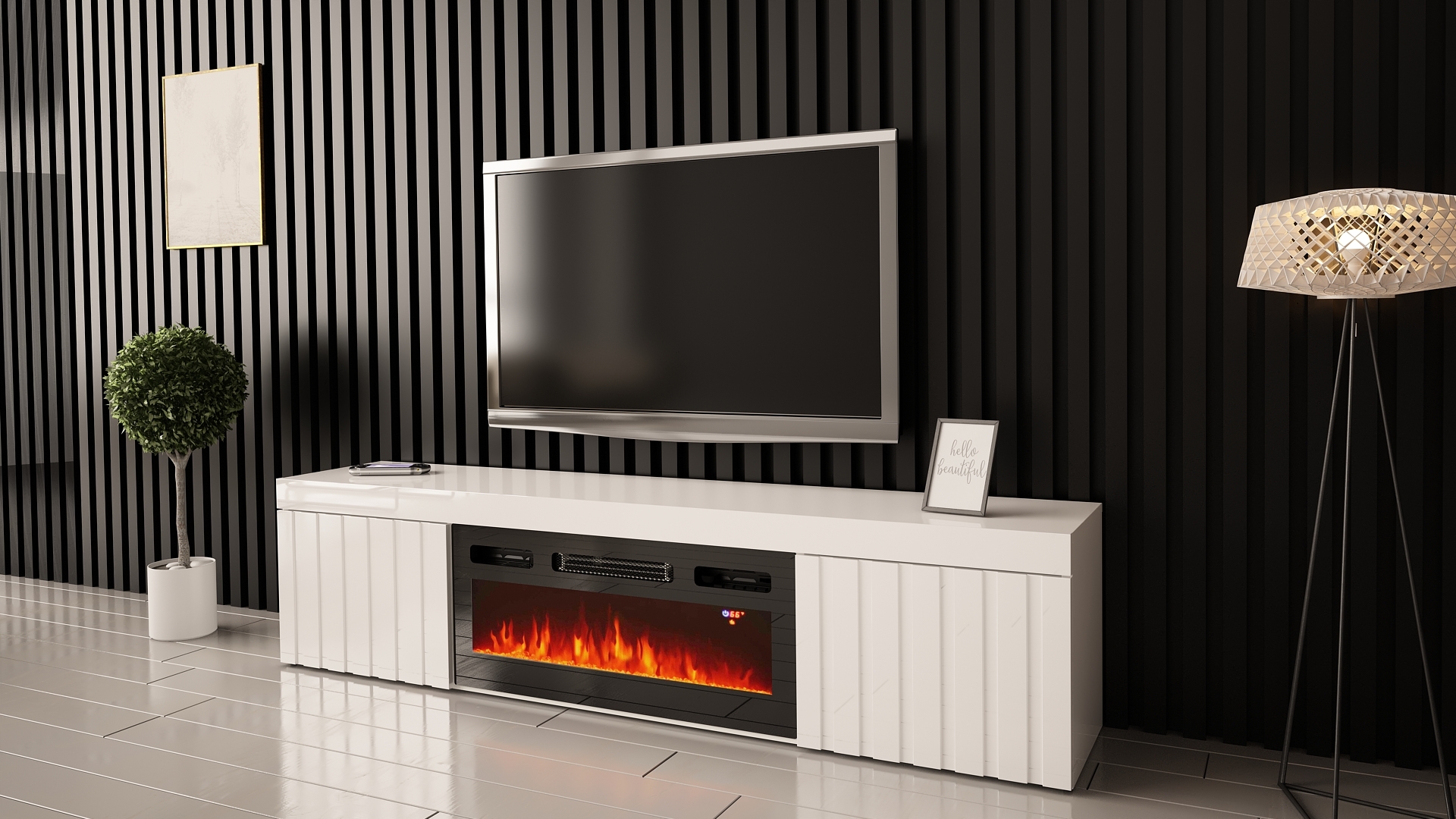 Meuble TV Kalva 180 cm avec une cheminée électrique, blanc