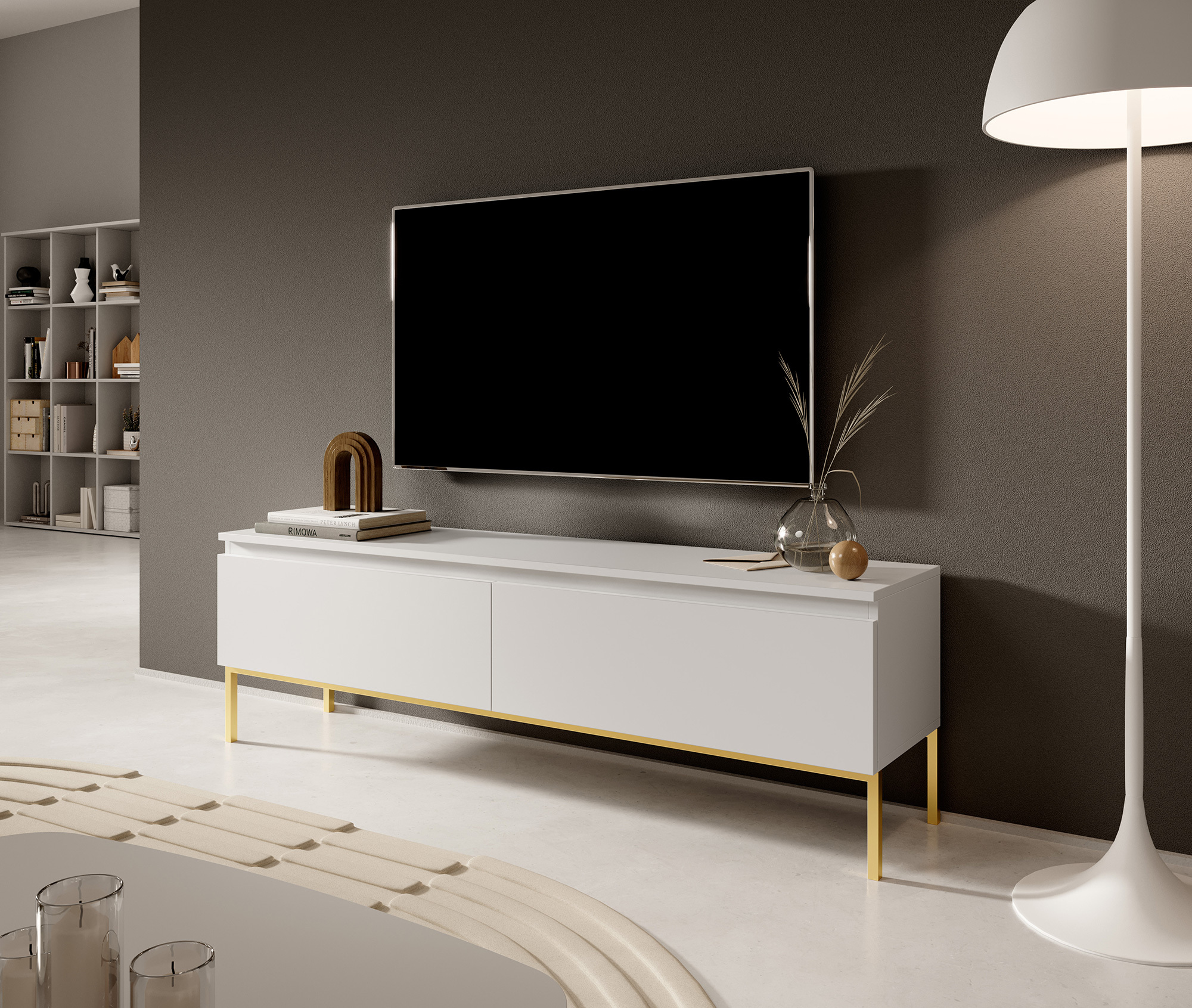 Meuble TV Bemmi 150 cm blanc pieds dorés