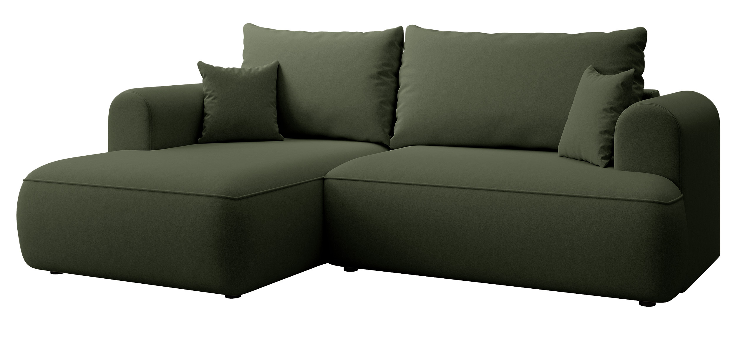 Oliwkowy narożnik Ovo mini L-kształtny z funkcją spania, idealny do nowoczesnego salonu.