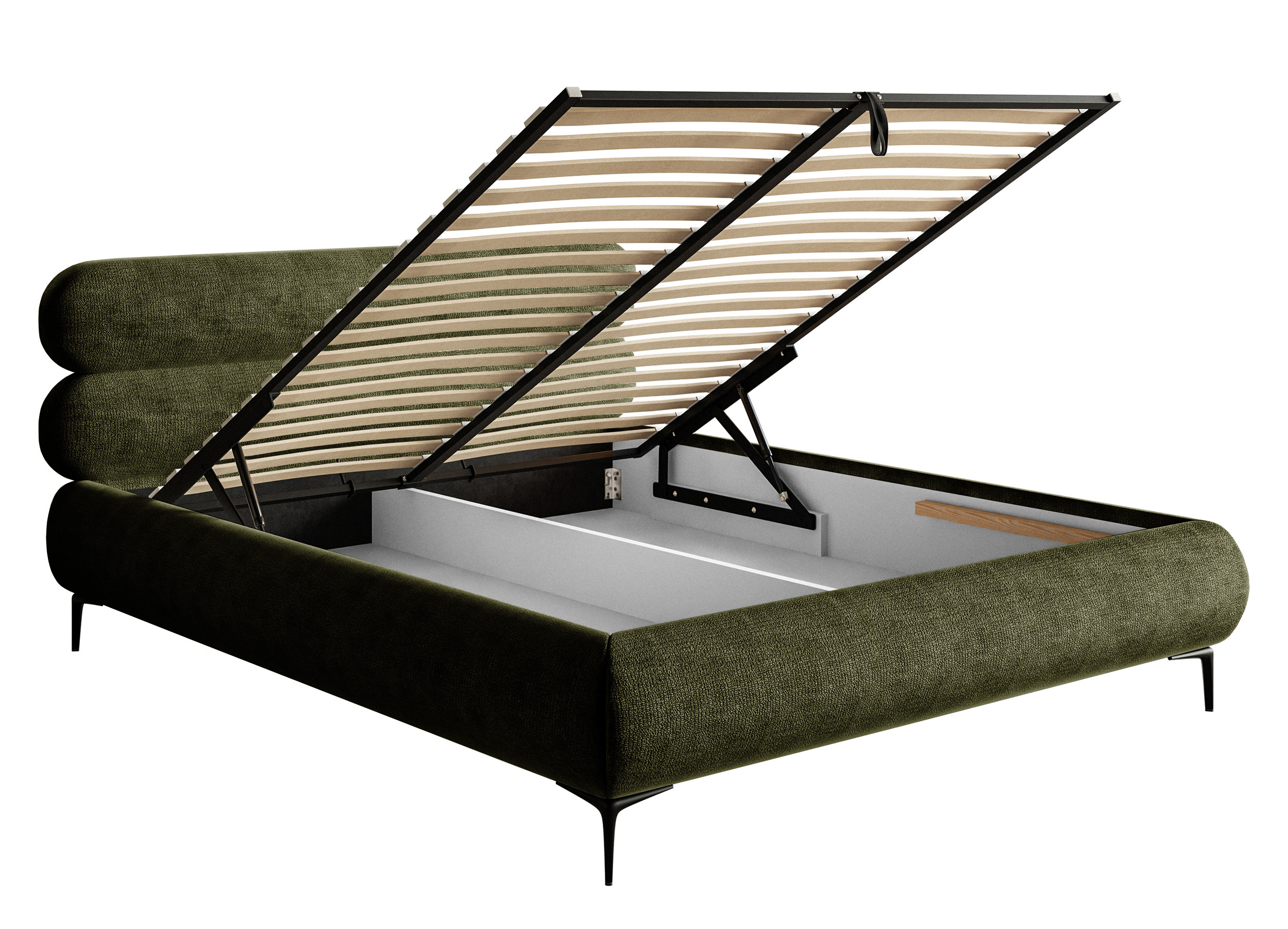 Łóżko tapicerowane 180x200 cm Roule z pojemnikiem stelaż metalowy oliwkowe szenil nóżki czarne