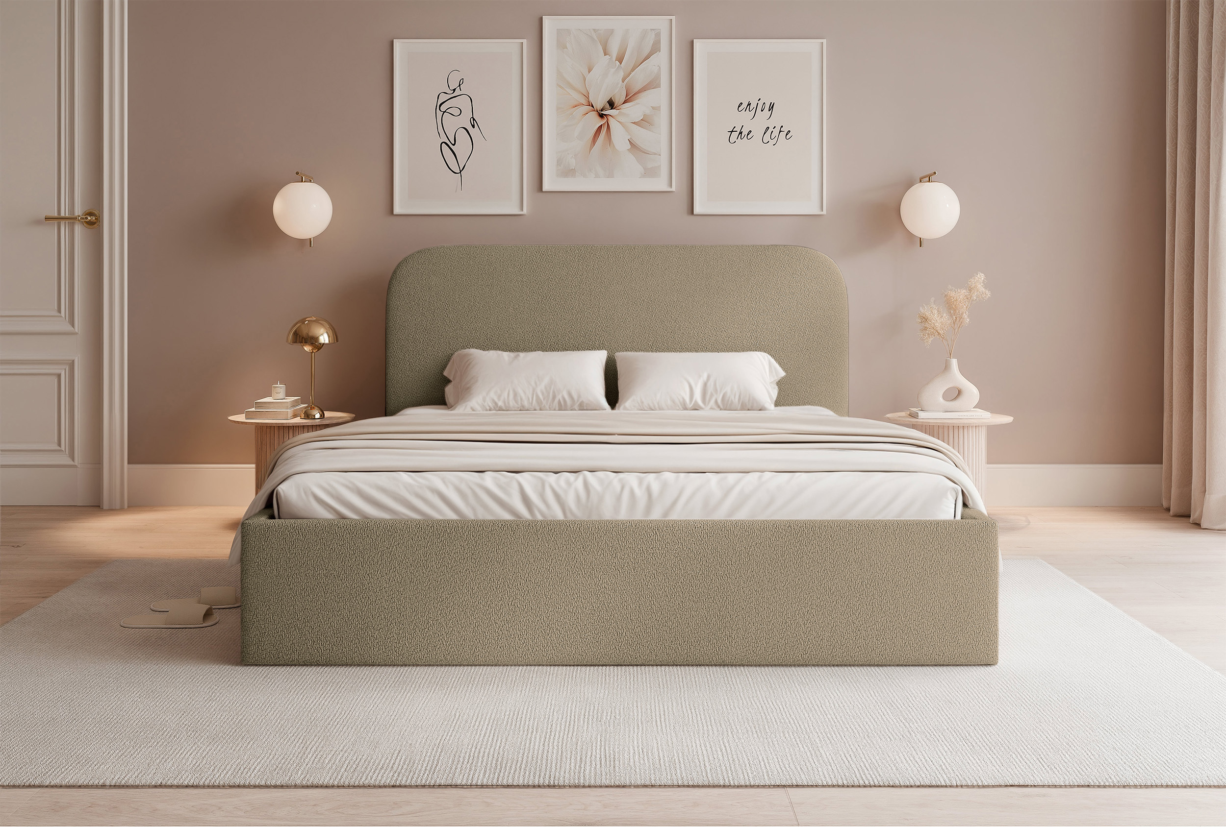 Łóżko tapicerowane 140x200 cm Sonvivo z pojemnikiem na pościel ciemnobeżowe szenil stelaż metalowy