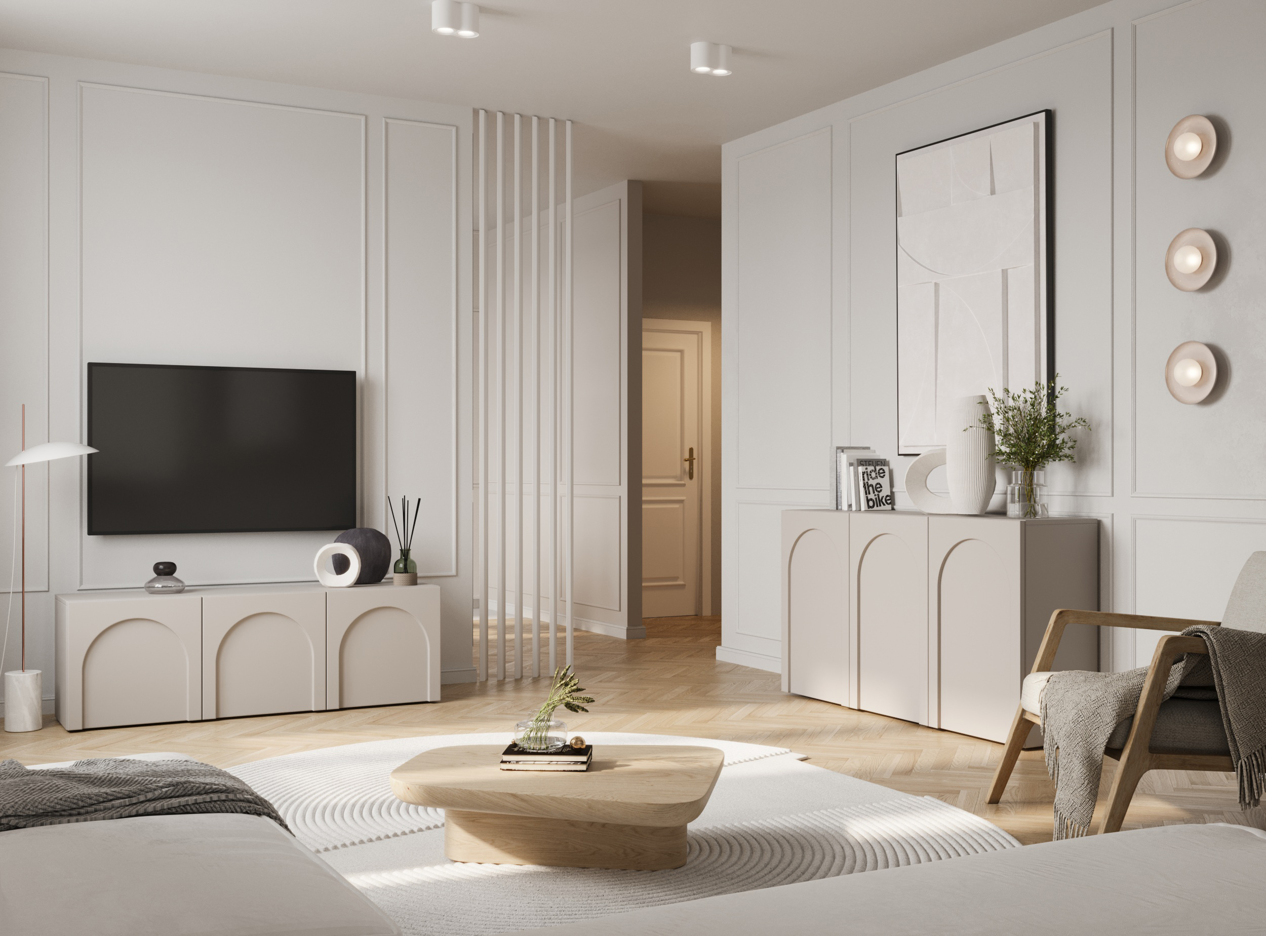 Szafka RTV Arkadia trzydrzwiowa z frezowanymi frontami 150 cm kaszmir