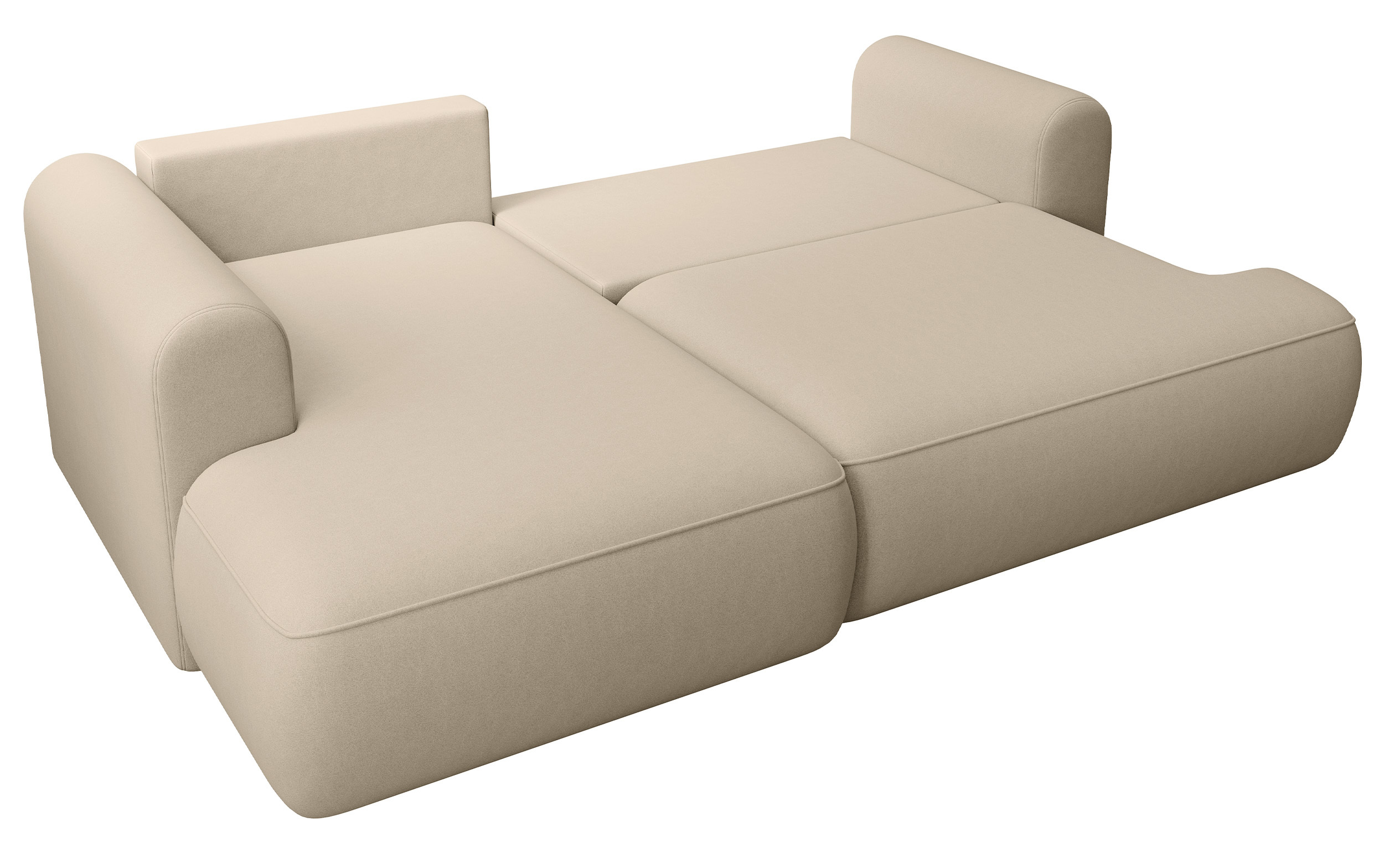 Jasnobeżowy narożnik Ovo mini L-kształtny z funkcją spania i pojemnikiem na pościel.