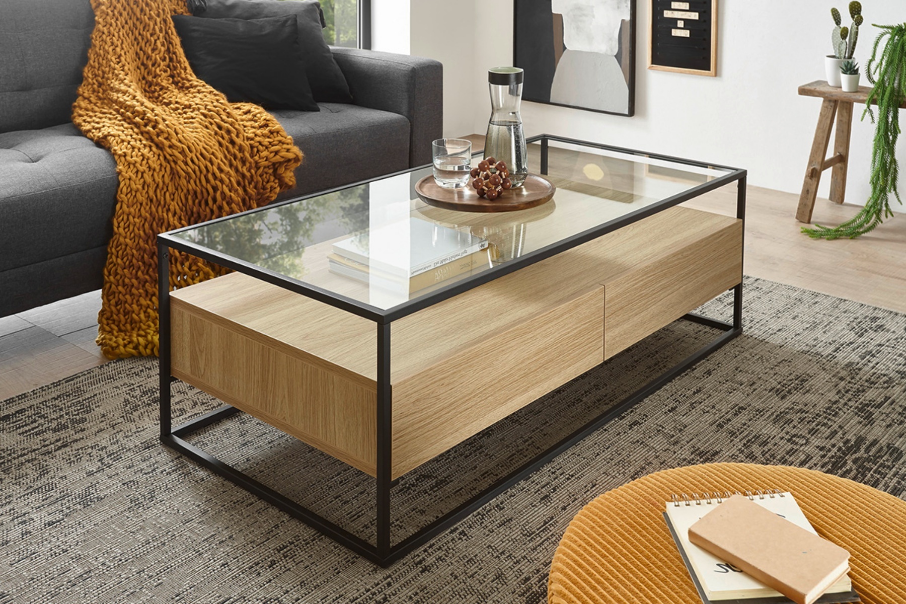 Table basse Pagittles 120x60 cm avec deux tiroirs chêne mat