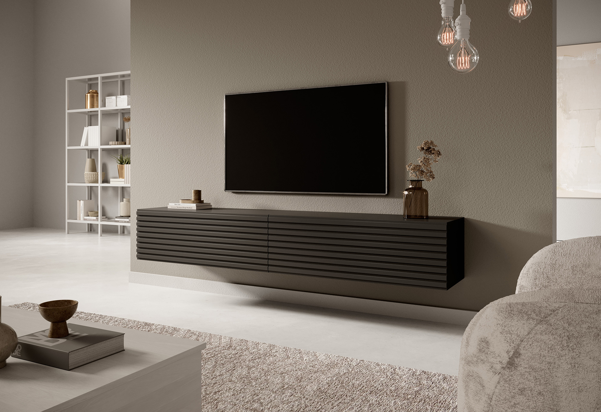 PAVAS Meuble TV 175 cm graphite à lamelles