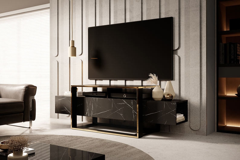 Meuble TV Excelsum 160 cm en marbre noir avec étagère verrouillable